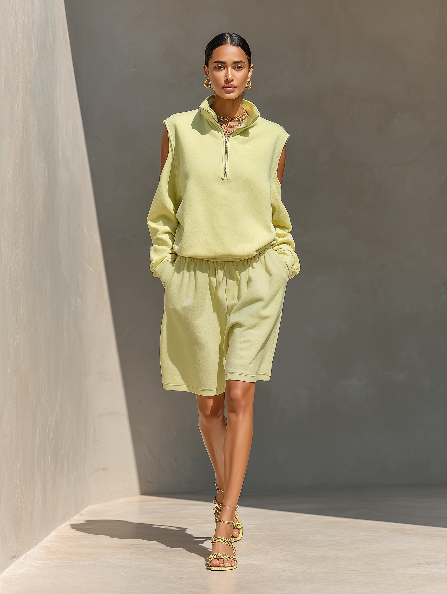 Women’s Lime Green Cold-Shoulder Half-Zip Sweatshirt & Shorts Two-Piece Set MDZ1928E8T