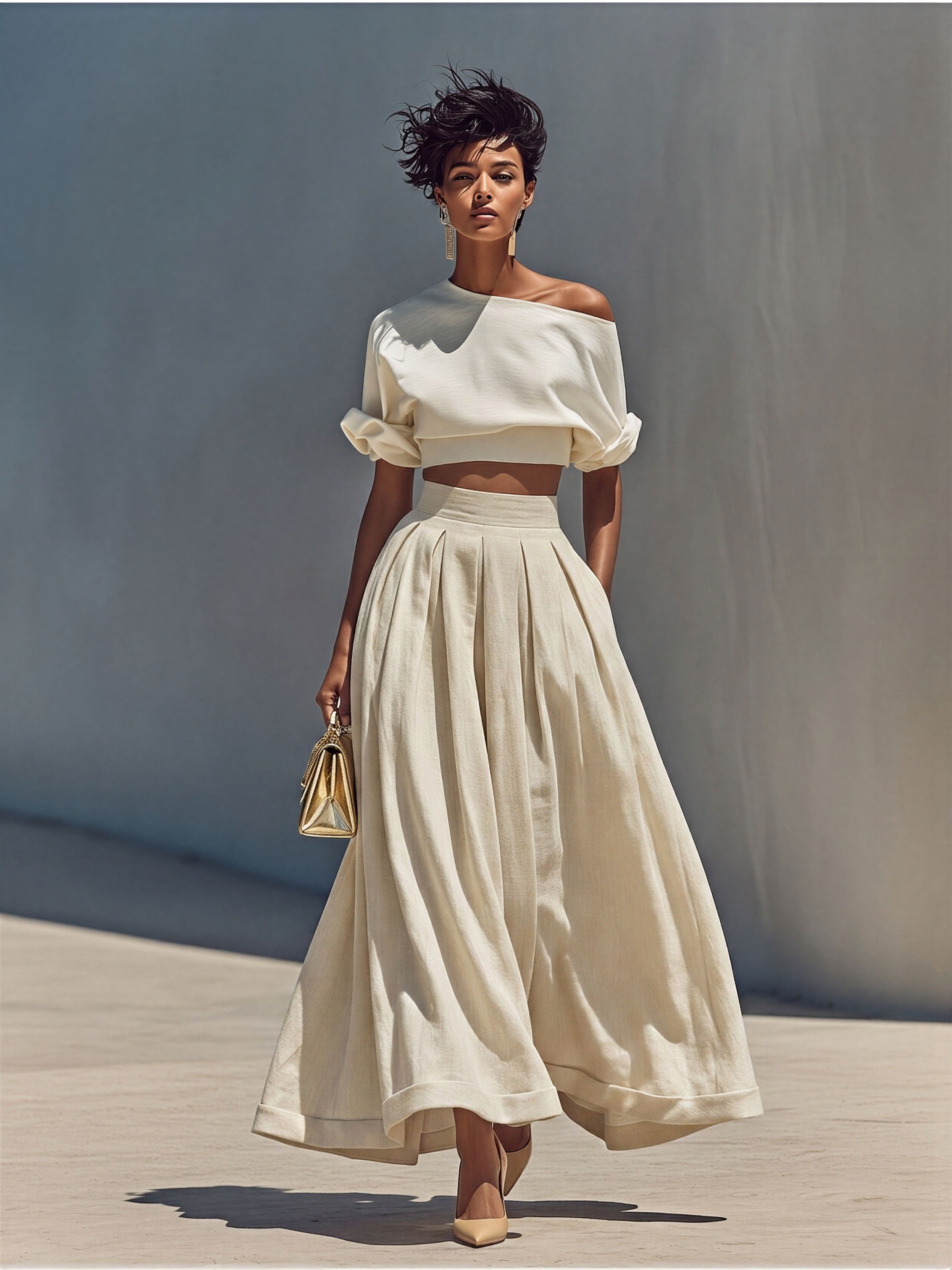 Women’s White Off-Shoulder Crop Top & Beige Pleated Maxi Skirt Two-Piece Set MDZ1965E1T