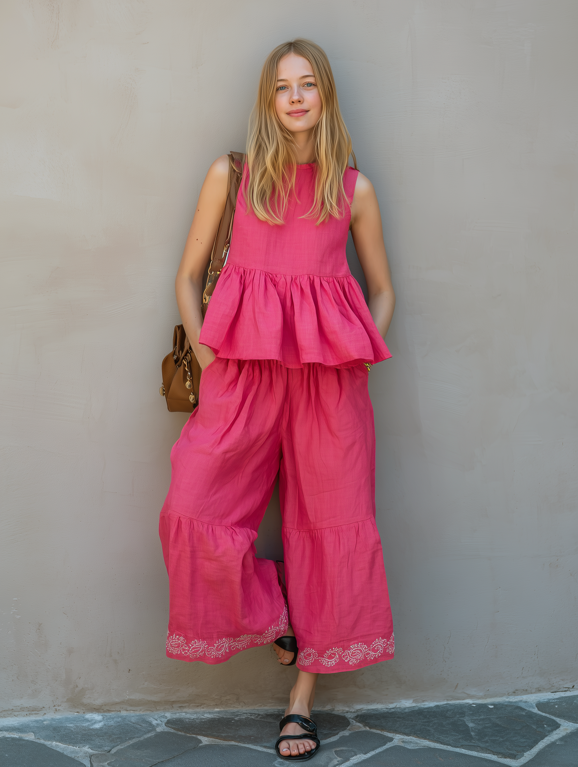 Women's Casual Rose-Pink Cotton-Linen Sleeveless Crew-Neck Top Paired With Embroidered Trousers MDZ1900E2LXY