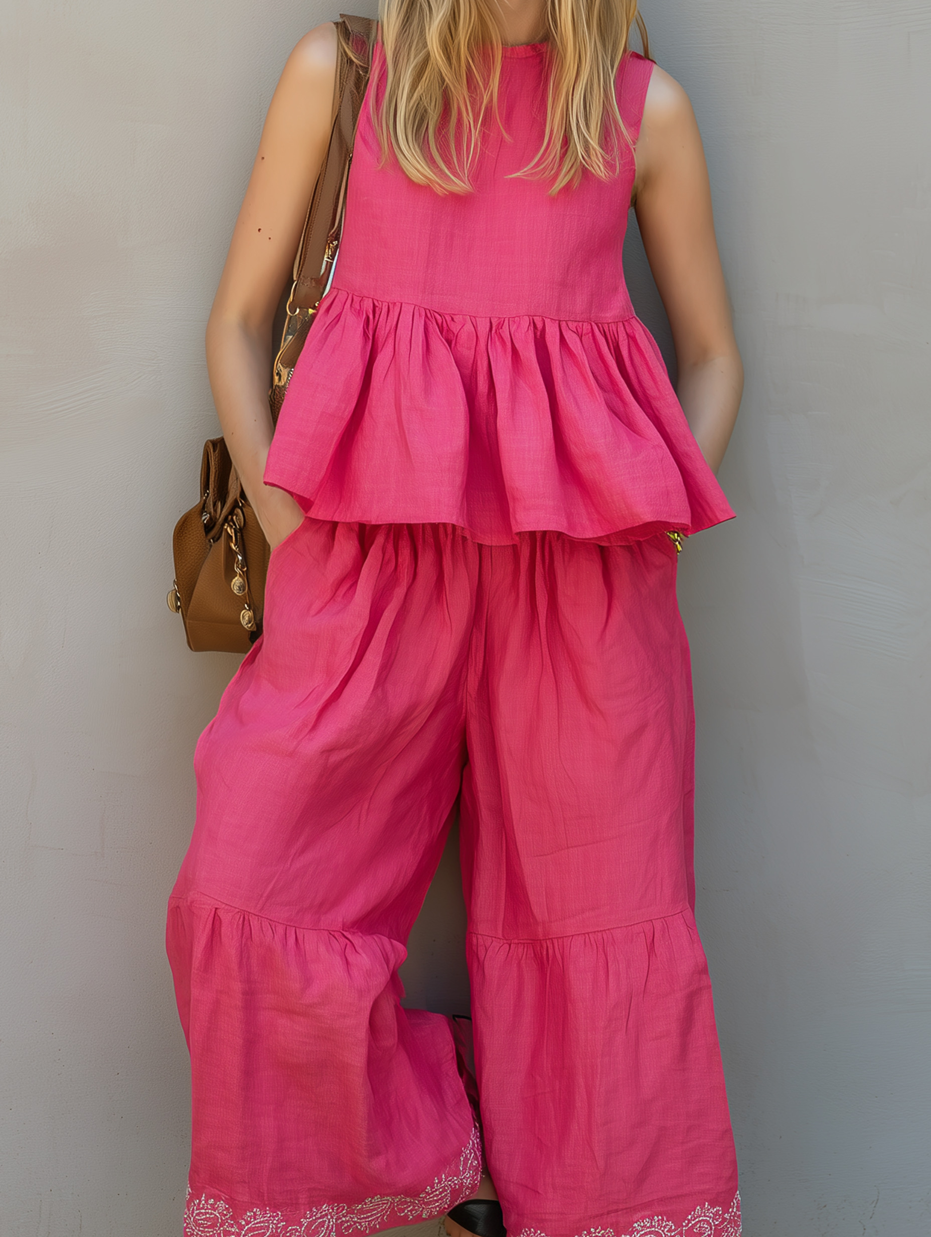 Women's Casual Rose-Pink Cotton-Linen Sleeveless Crew-Neck Top Paired With Embroidered Trousers MDZ1900E2LXY