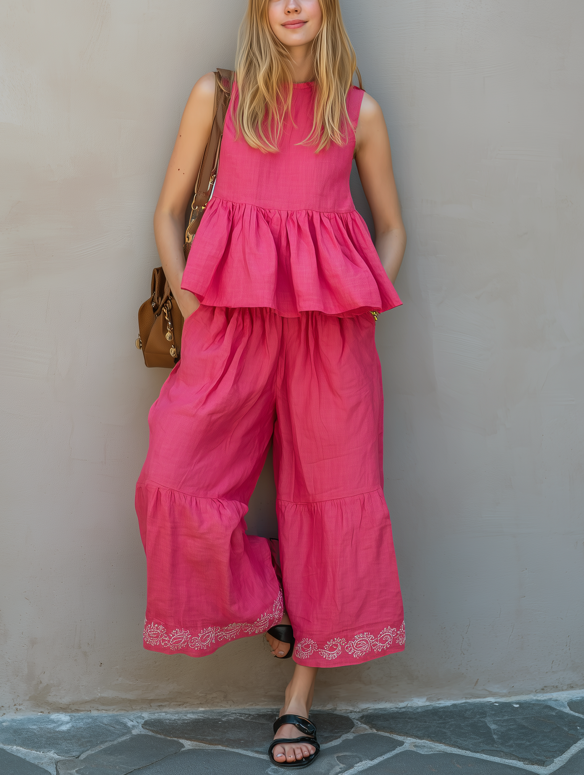 Women's Casual Rose-Pink Cotton-Linen Sleeveless Crew-Neck Top Paired With Embroidered Trousers MDZ1900E2LXY