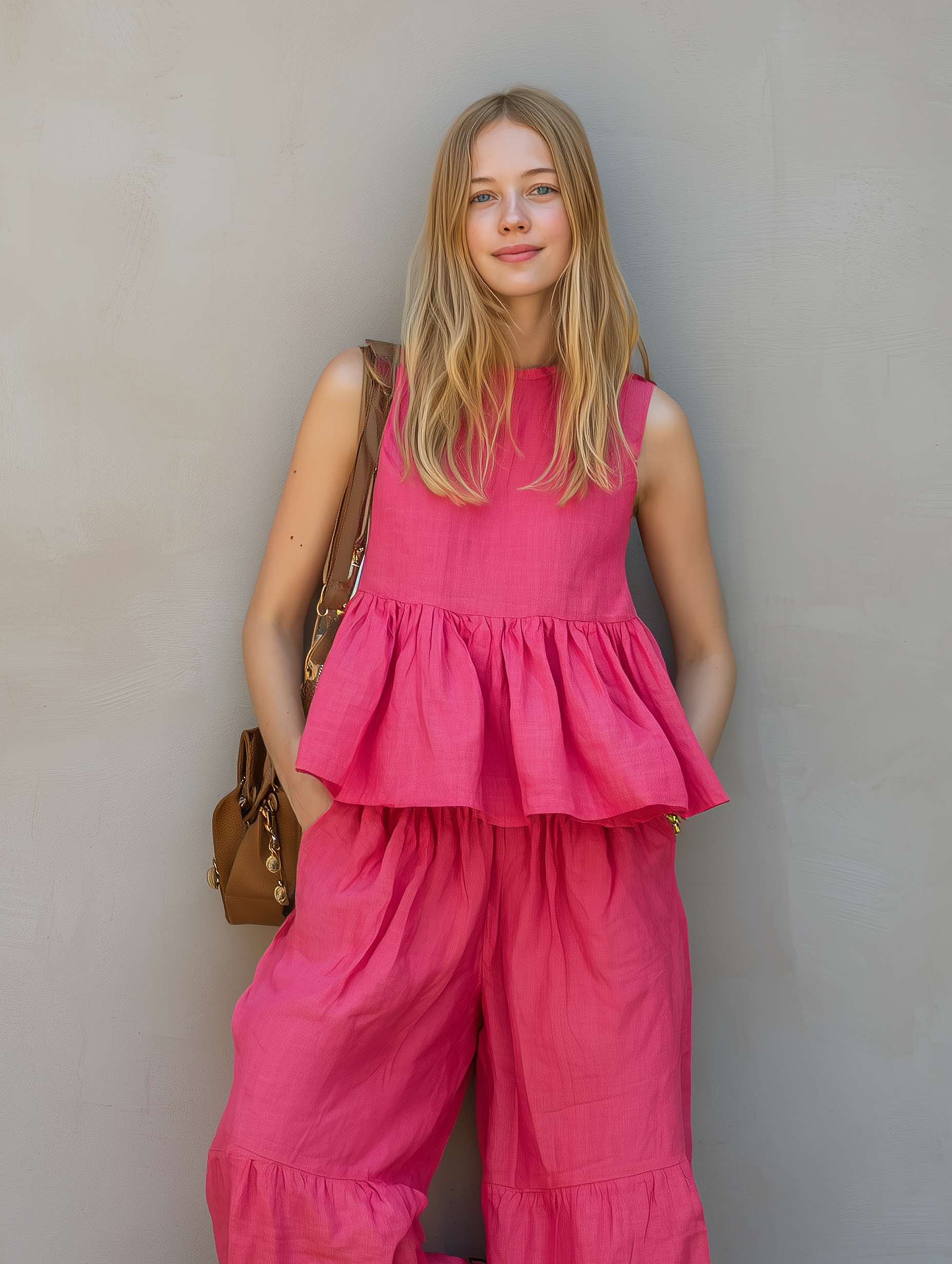 Women's Casual Rose-Pink Cotton-Linen Sleeveless Crew-Neck Top Paired With Embroidered Trousers MDZ1900E2LXY