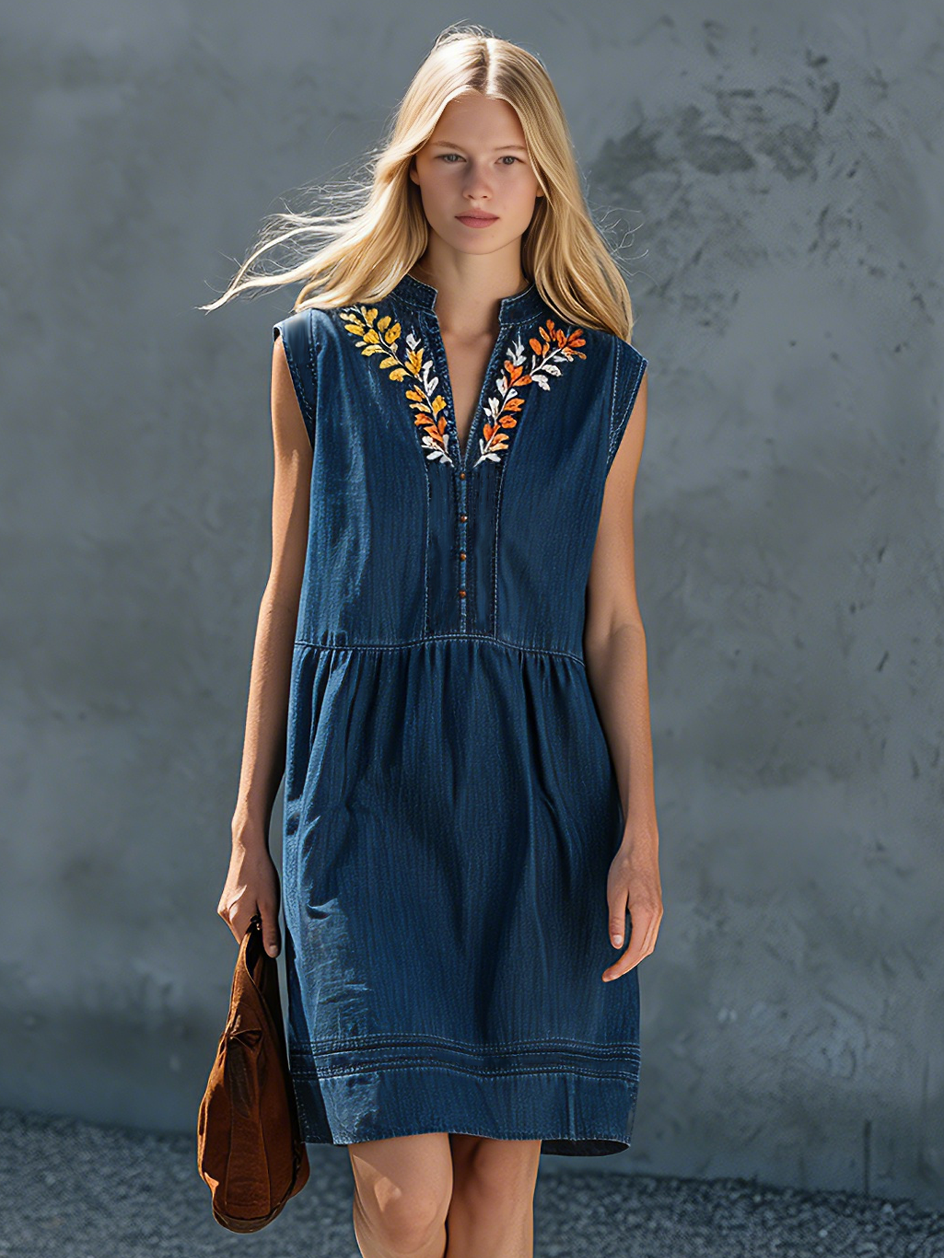 Women's Casual Denim Sleeveless V-Neck Embroidered Mini Dress MDZ1909E4LXY