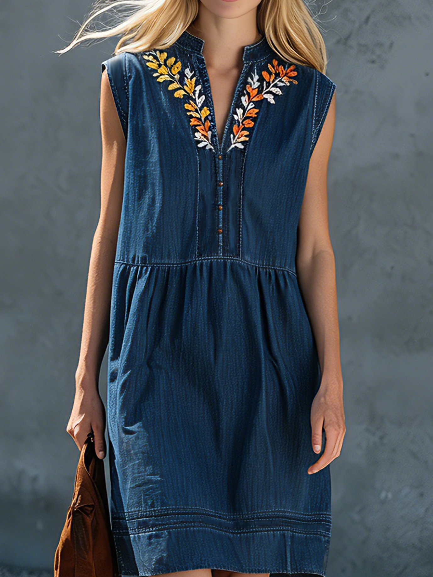 Women's Casual Denim Sleeveless V-Neck Embroidered Mini Dress MDZ1909E4LXY