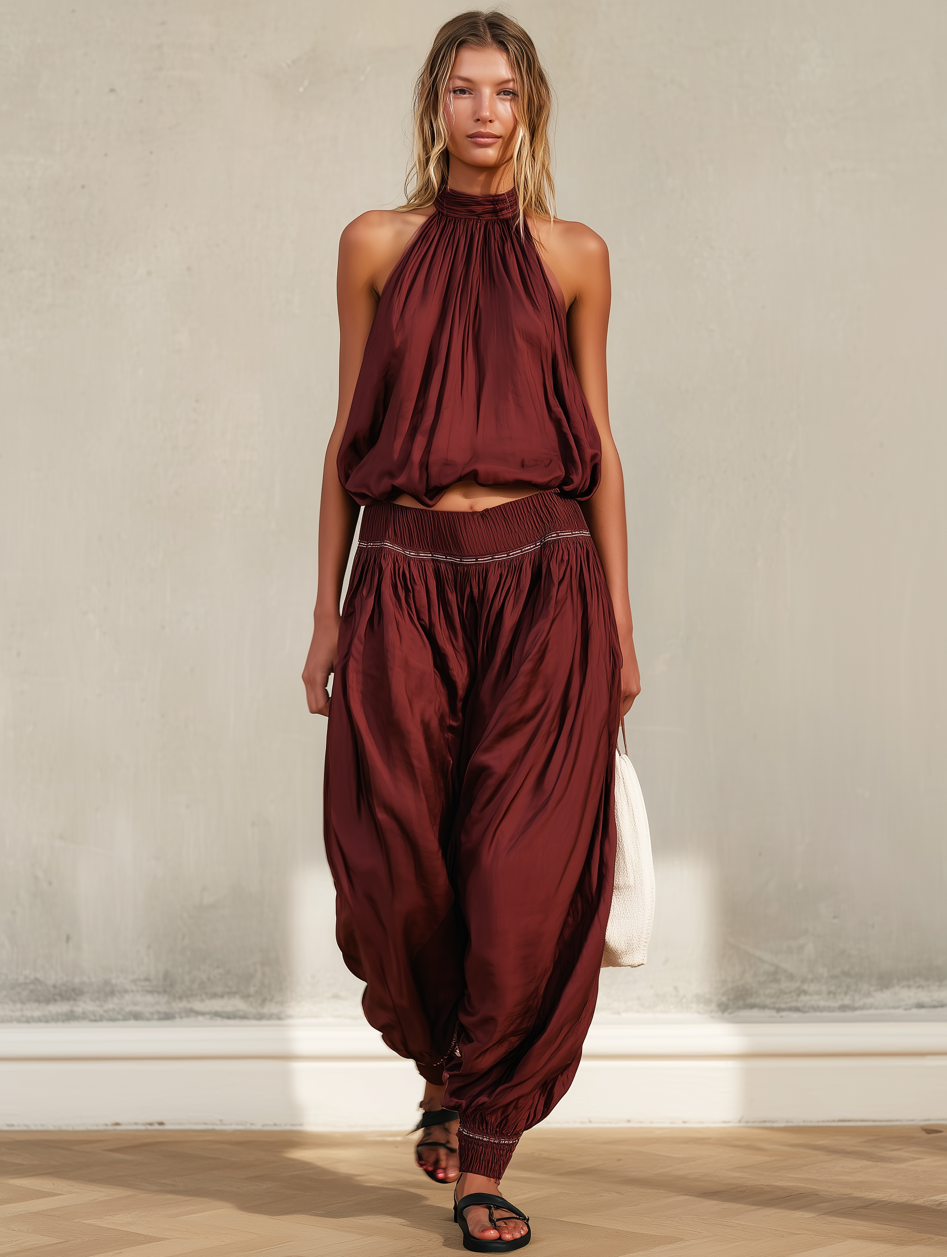Women's Casual Deep Red Satin Sleeveless Halter Top With Trousers MDZ1945E1LXY