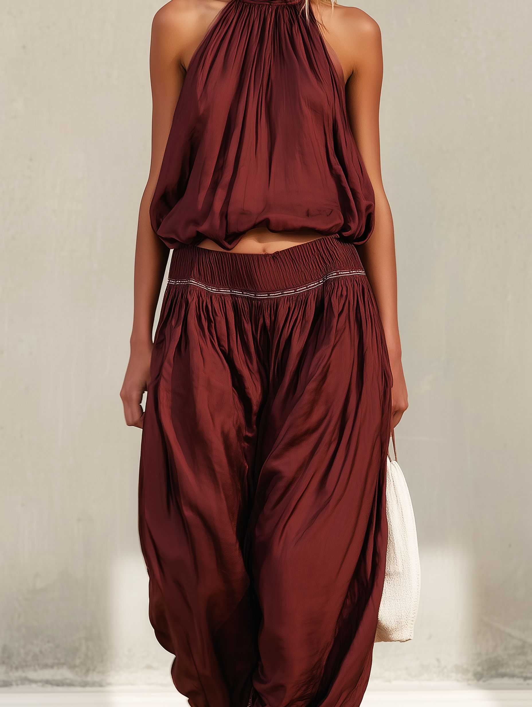 Women's Casual Deep Red Satin Sleeveless Halter Top With Trousers MDZ1945E1LXY