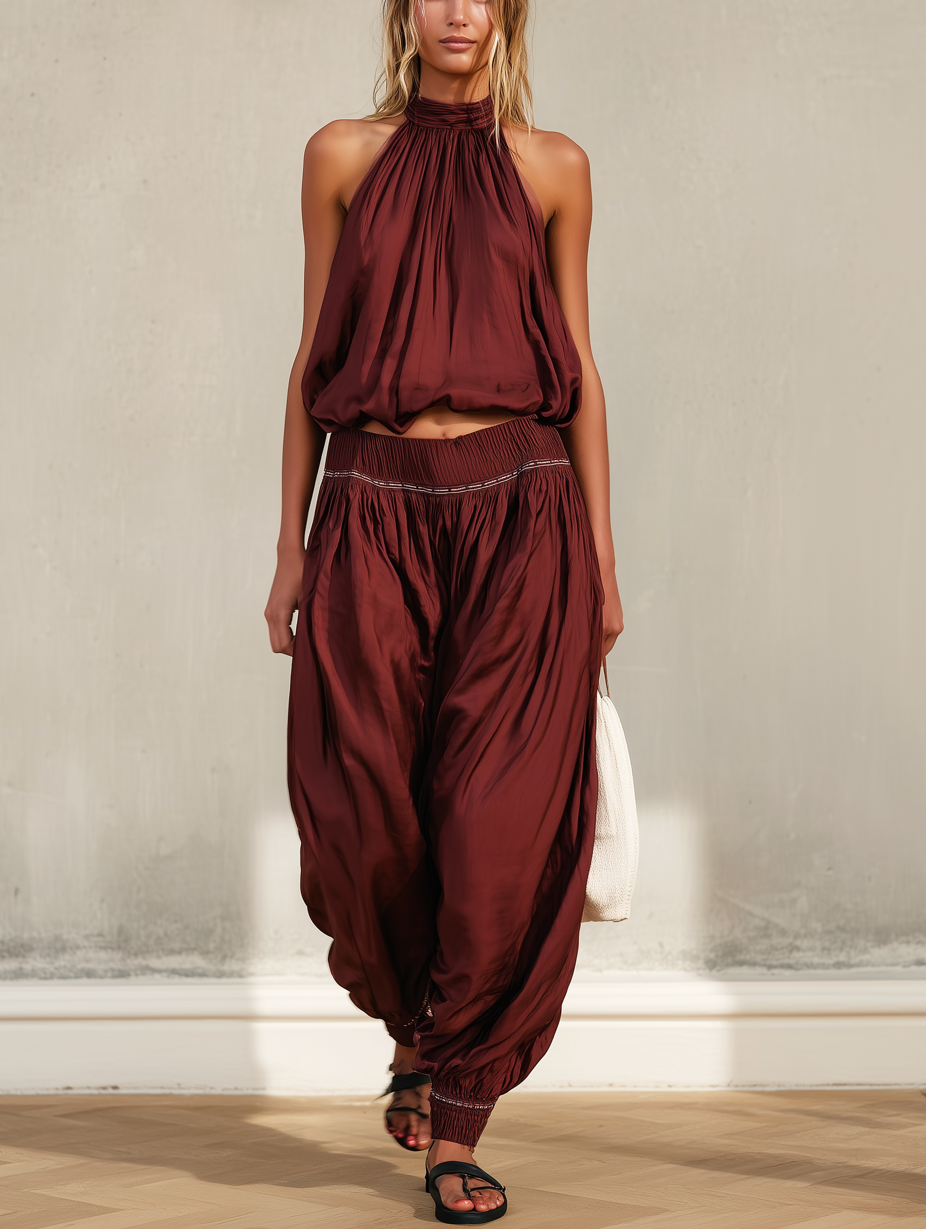 Women's Casual Deep Red Satin Sleeveless Halter Top With Trousers MDZ1945E1LXY