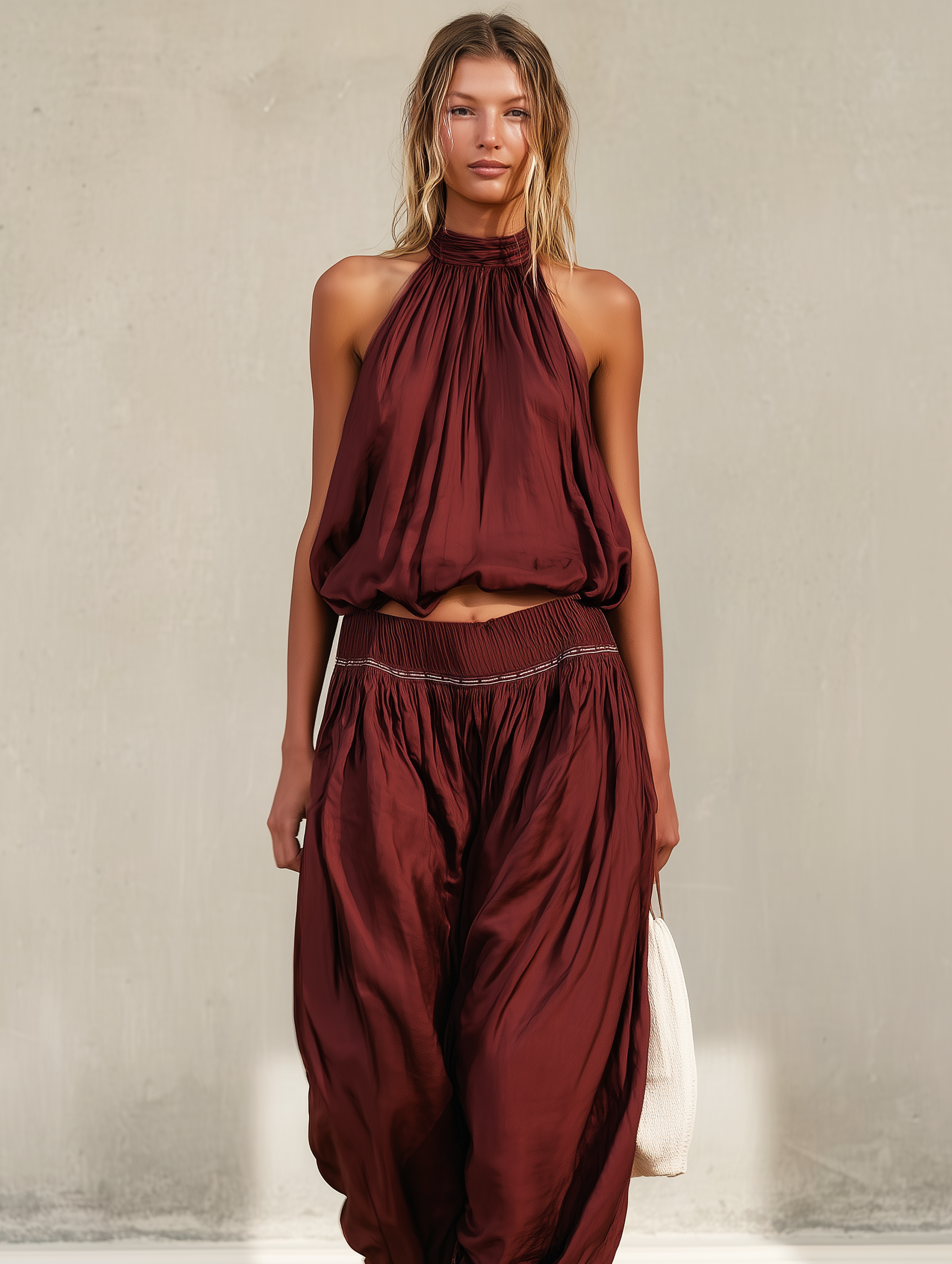 Women's Casual Deep Red Satin Sleeveless Halter Top With Trousers MDZ1945E1LXY