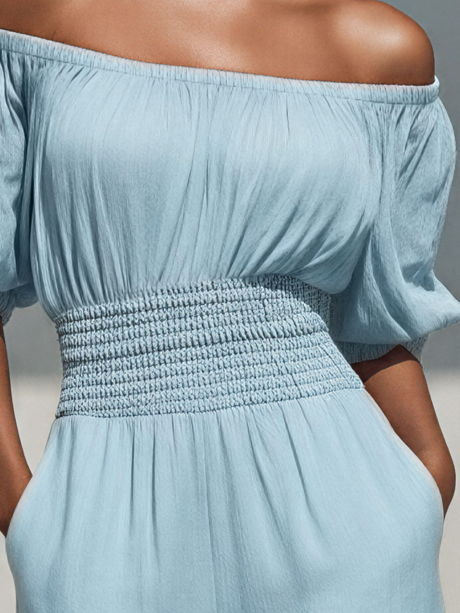 Women’s Light Blue Off-Shoulder Romper With Puff Sleeves & Smocked Waist MDZ1901E2T