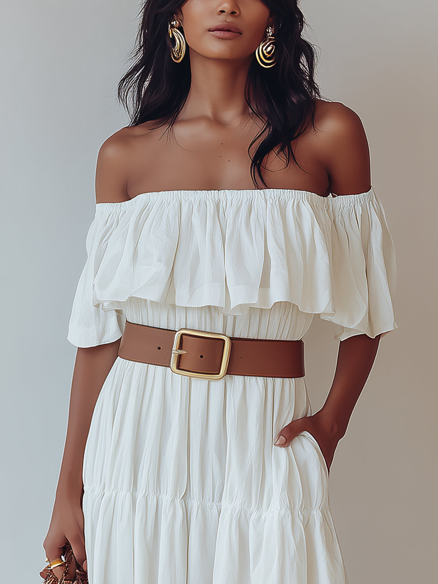 Women’s White Cotton Blend Off-Shoulder Tiered Maxi Dress With Ruffle Neckline & Belt MDZ1927E8T