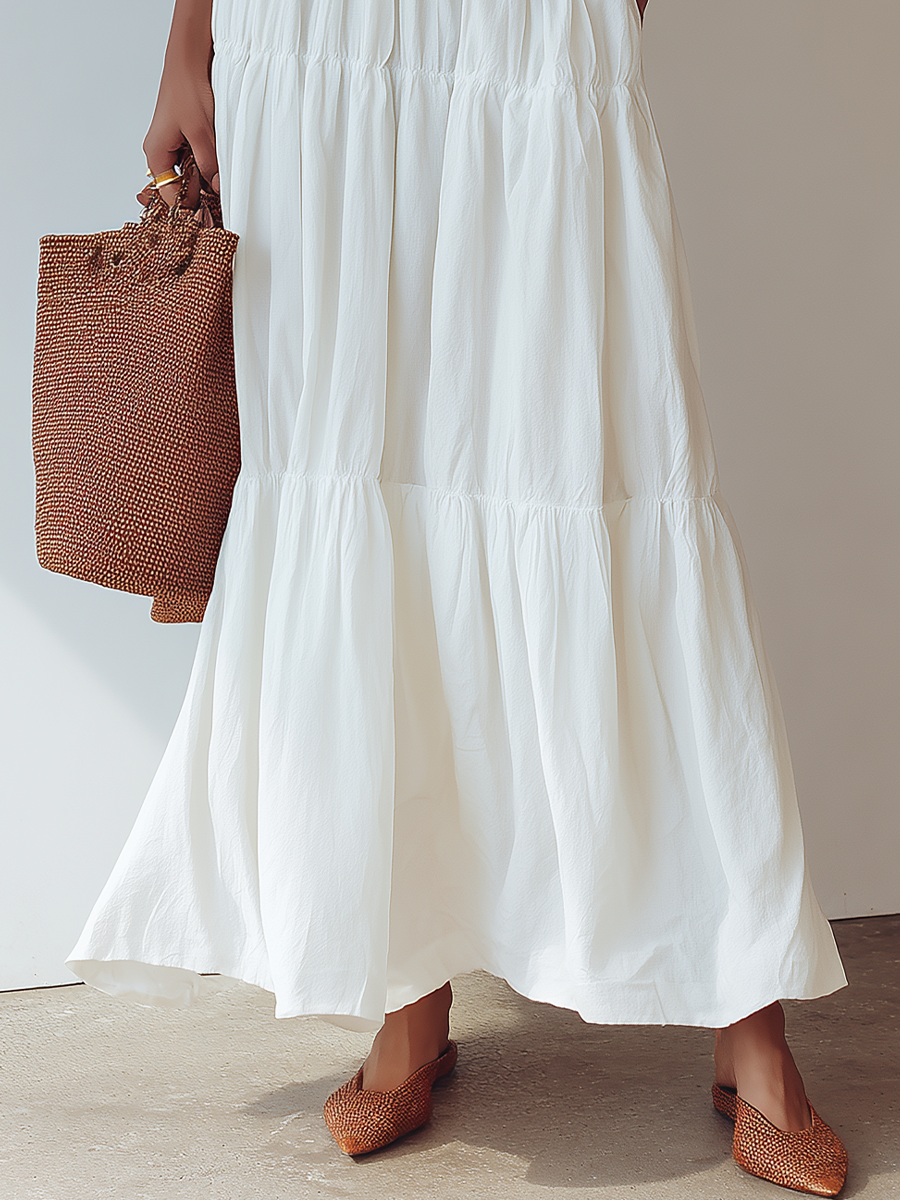 Women’s White Cotton Blend Off-Shoulder Tiered Maxi Dress With Ruffle Neckline & Belt MDZ1927E8T