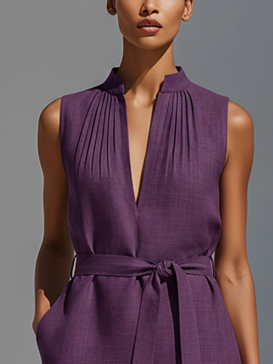 Women’s Purple Linen-Blend Sleeveless Dress With Notched Collar & Self-Tie Belt MDZ1951E3T