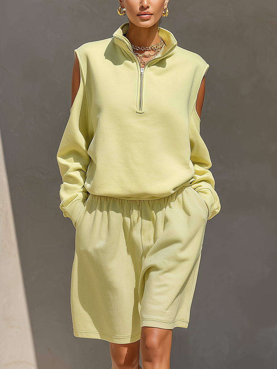 Women’s Lime Green Cold-Shoulder Half-Zip Sweatshirt & Shorts Two-Piece Set MDZ1928E8T