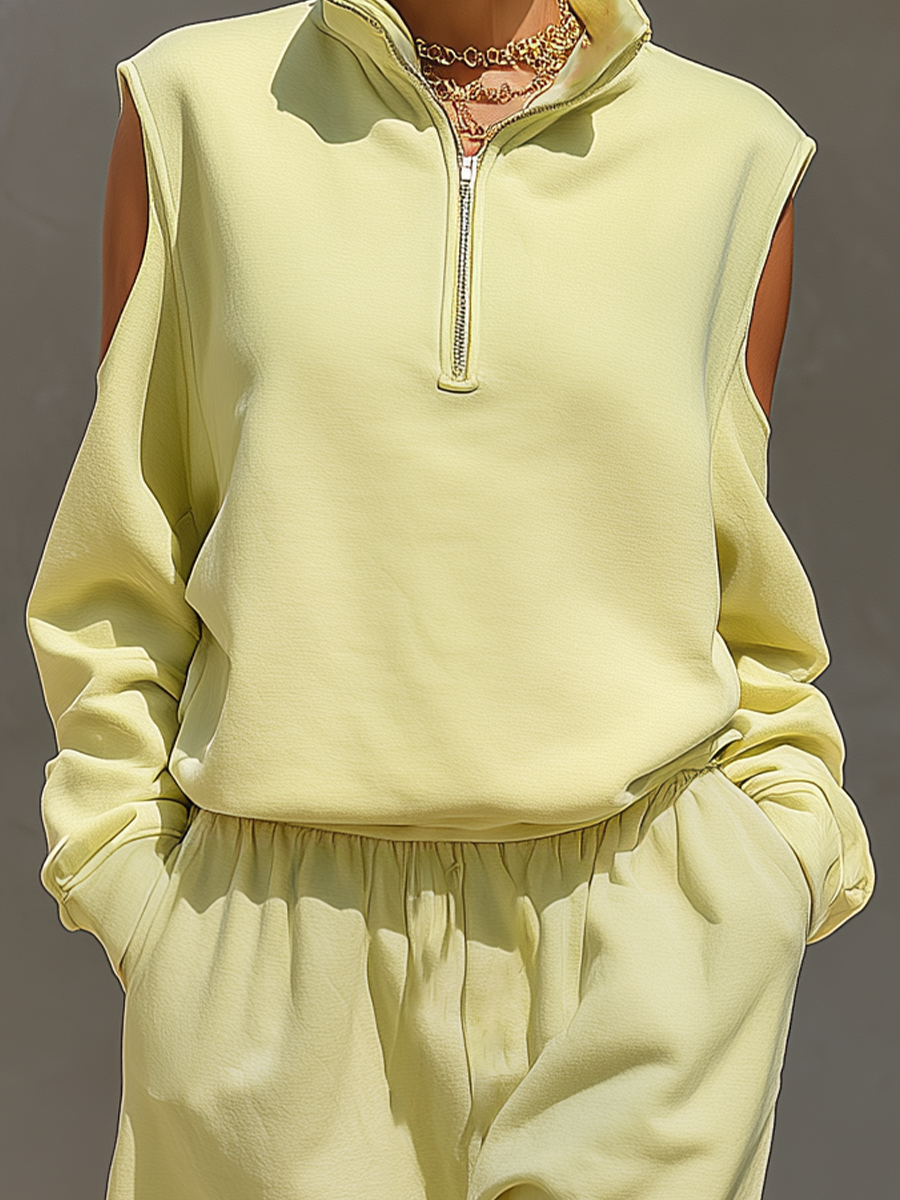 Women’s Lime Green Cold-Shoulder Half-Zip Sweatshirt & Shorts Two-Piece Set MDZ1928E8T