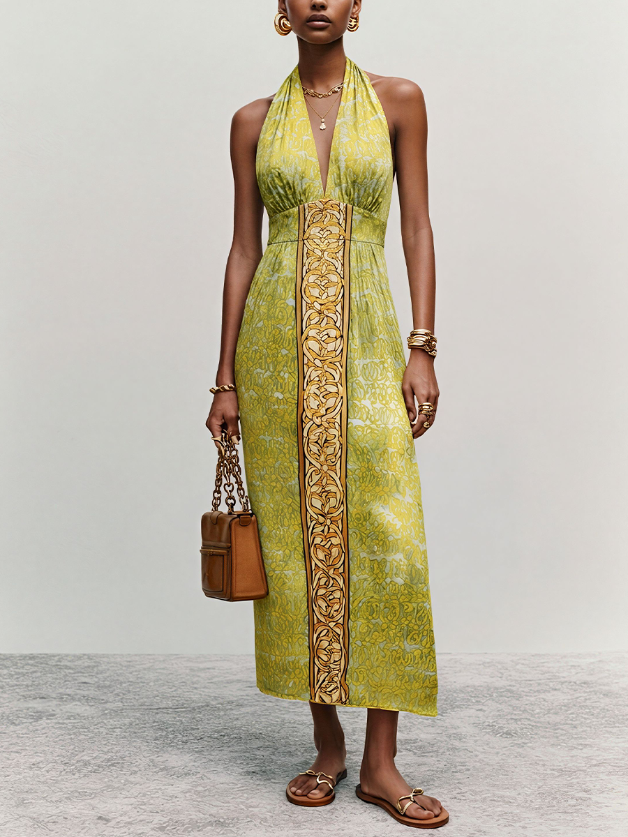 Women's Retro-Style Yellow-Green Printed Satin Halter V-Neck Cinched Waist Midi Dress MDZ1934E1GMJ