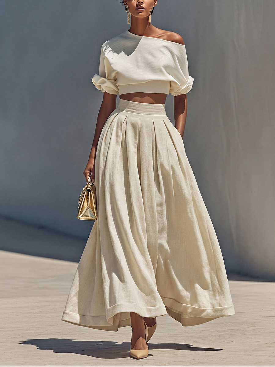 Women’s White Off-Shoulder Crop Top & Beige Pleated Maxi Skirt Two-Piece Set MDZ1965E1T