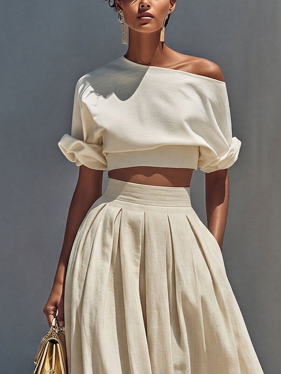 Women’s White Off-Shoulder Crop Top & Beige Pleated Maxi Skirt Two-Piece Set MDZ1965E1T