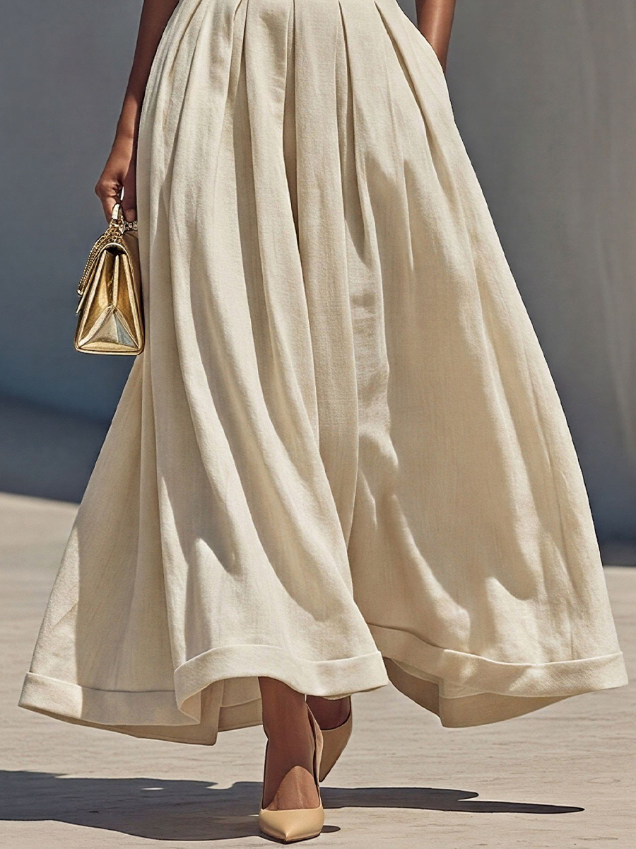 Women’s White Off-Shoulder Crop Top & Beige Pleated Maxi Skirt Two-Piece Set MDZ1965E1T