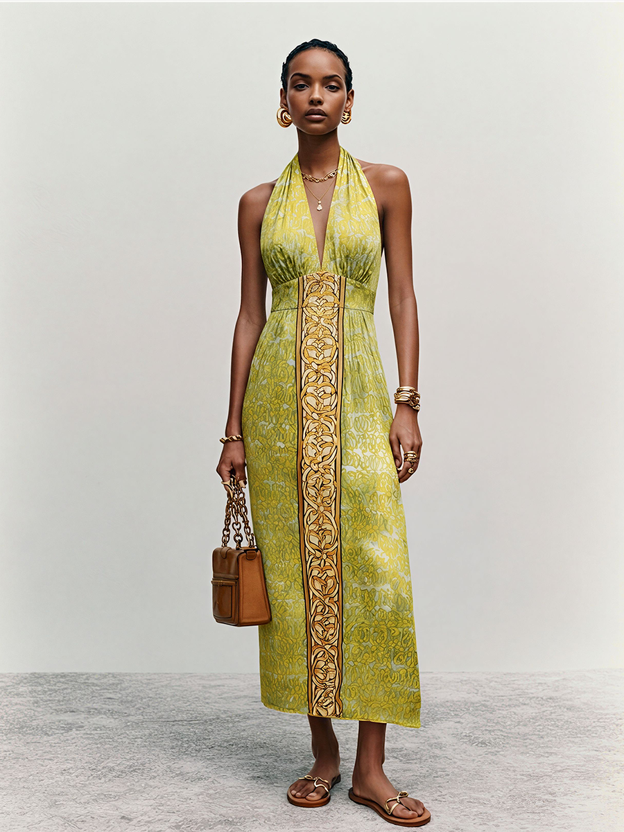 Women's Retro-Style Yellow-Green Printed Satin Halter V-Neck Cinched Waist Midi Dress MDZ1934E1GMJ