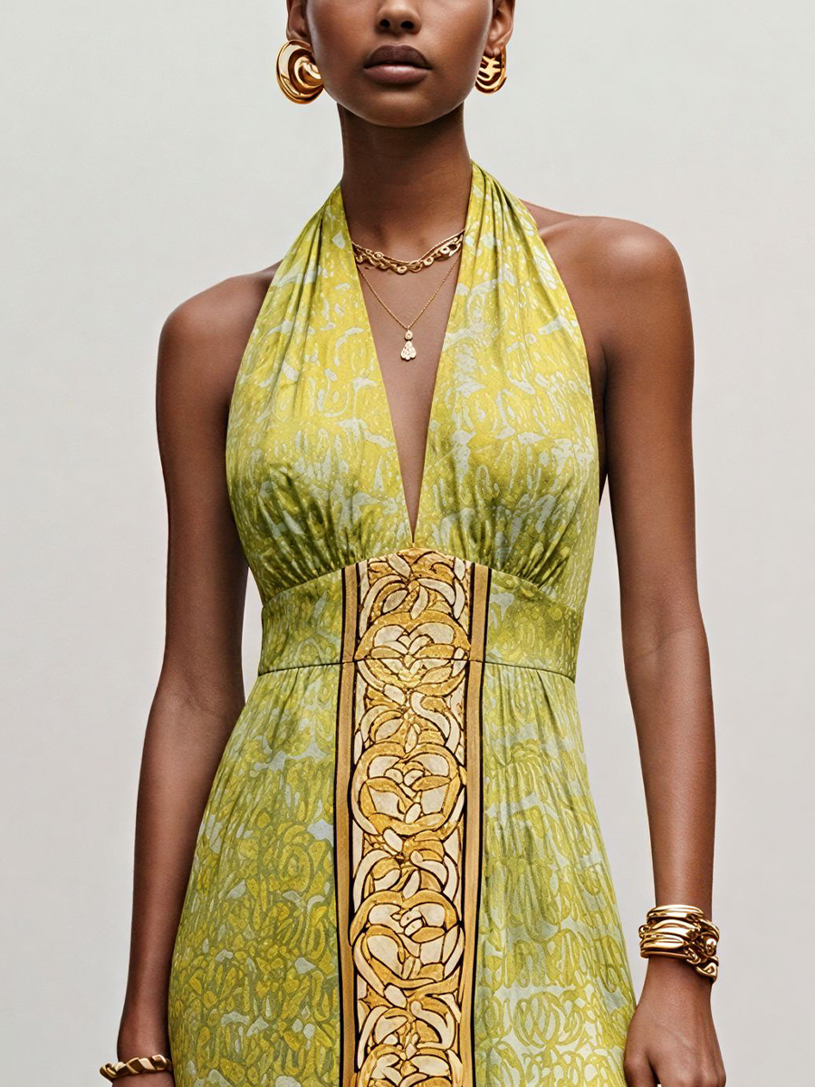 Women's Retro-Style Yellow-Green Printed Satin Halter V-Neck Cinched Waist Midi Dress MDZ1934E1GMJ