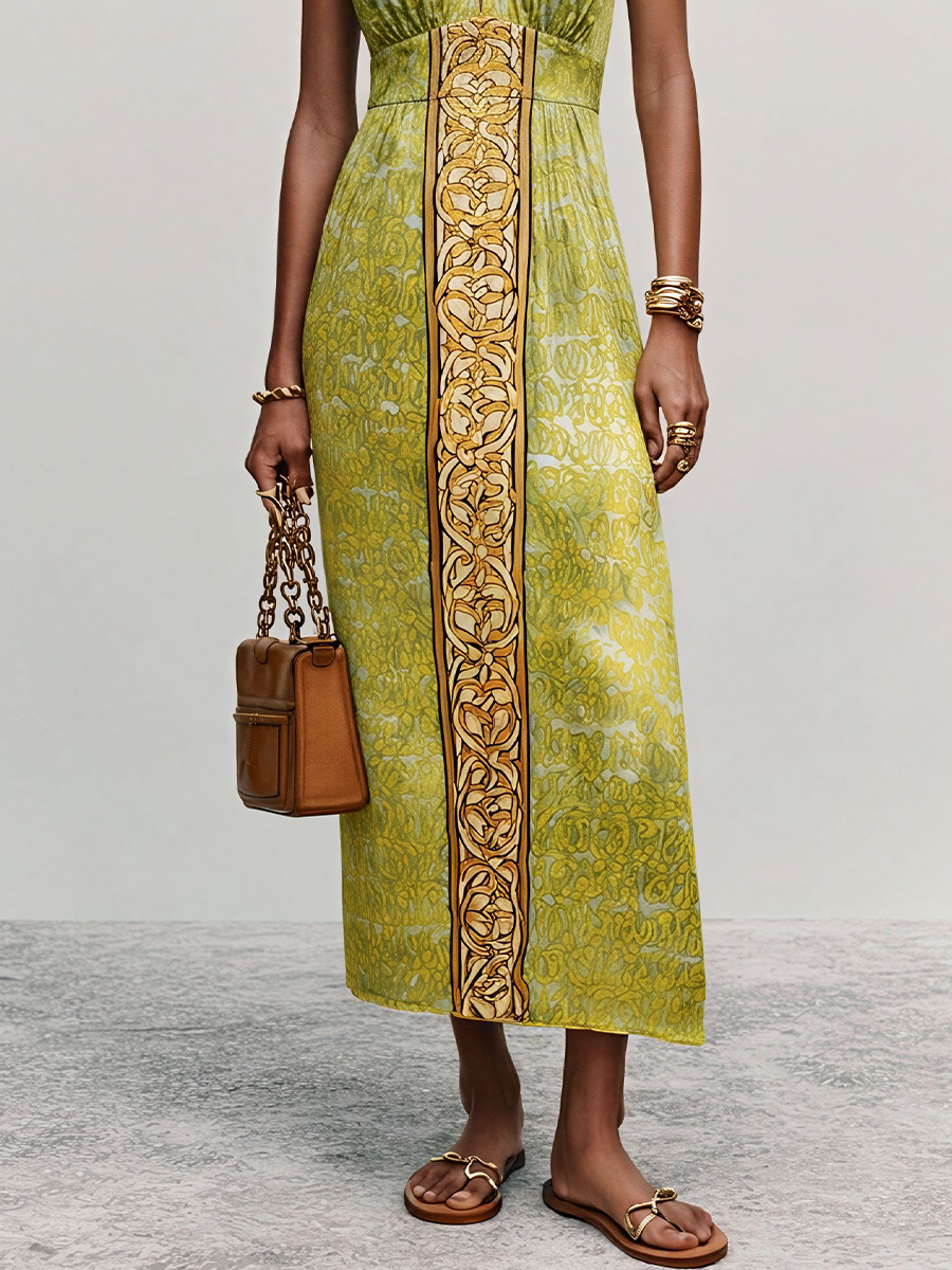 Women's Retro-Style Yellow-Green Printed Satin Halter V-Neck Cinched Waist Midi Dress MDZ1934E1GMJ