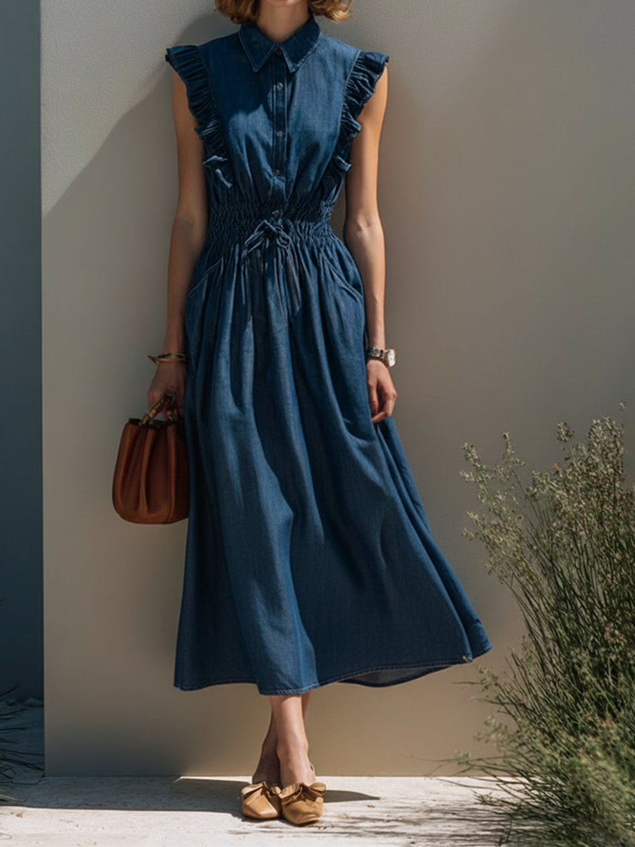 Women's Simple Denim-Style Midi Dress With Ruffle Sleeves And Drawstring Waist MDZ2038E9ZRK