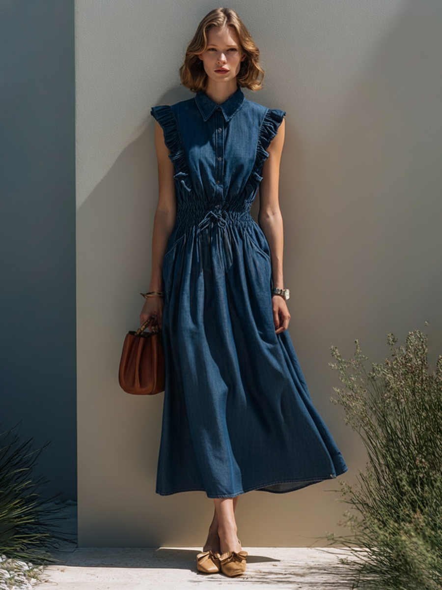 Women's Simple Denim-Style Midi Dress With Ruffle Sleeves And Drawstring Waist MDZ2038E9ZRK