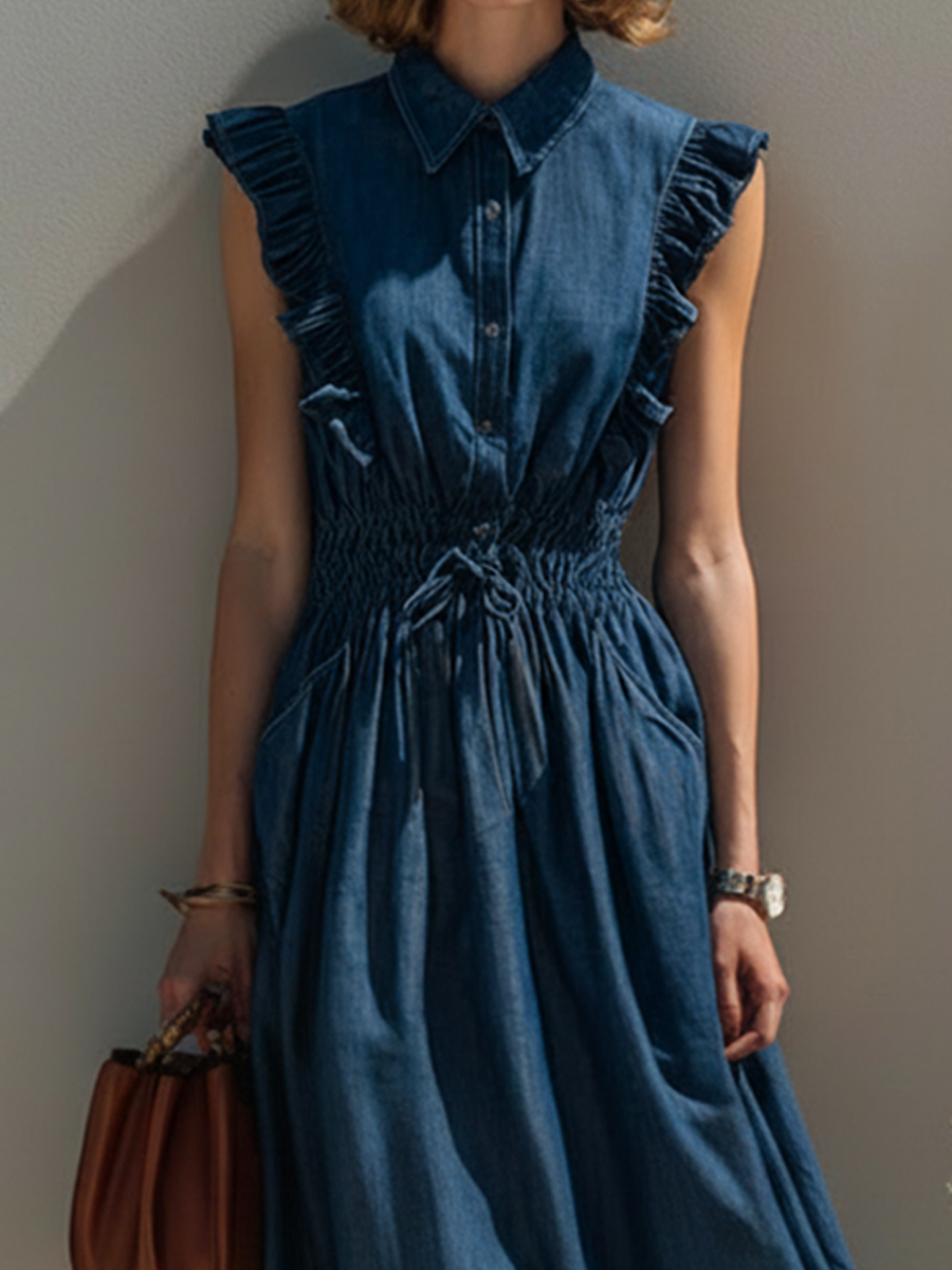Women's Simple Denim-Style Midi Dress With Ruffle Sleeves And Drawstring Waist MDZ2038E9ZRK