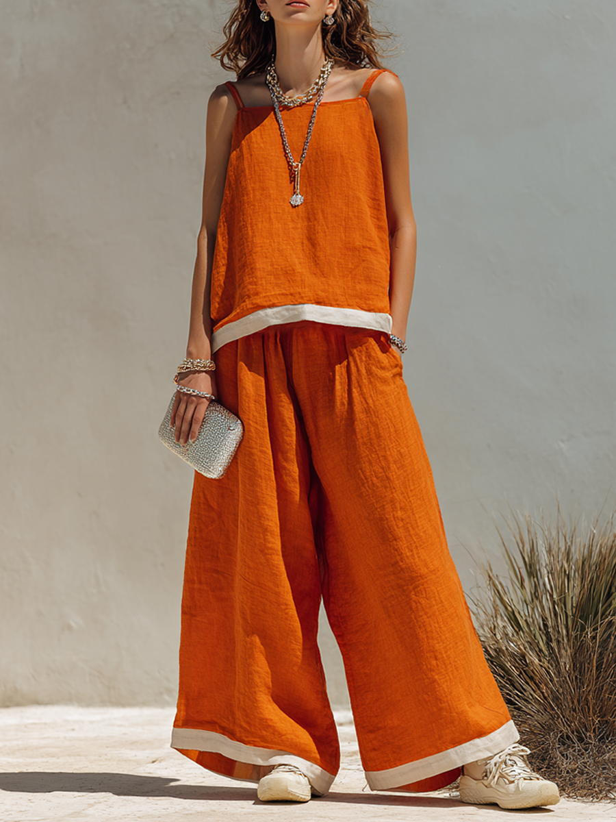 Women's Simple Cotton-Linen Blend Cami Top And Wide-Leg Pants Set MDZ2060E5ZRK