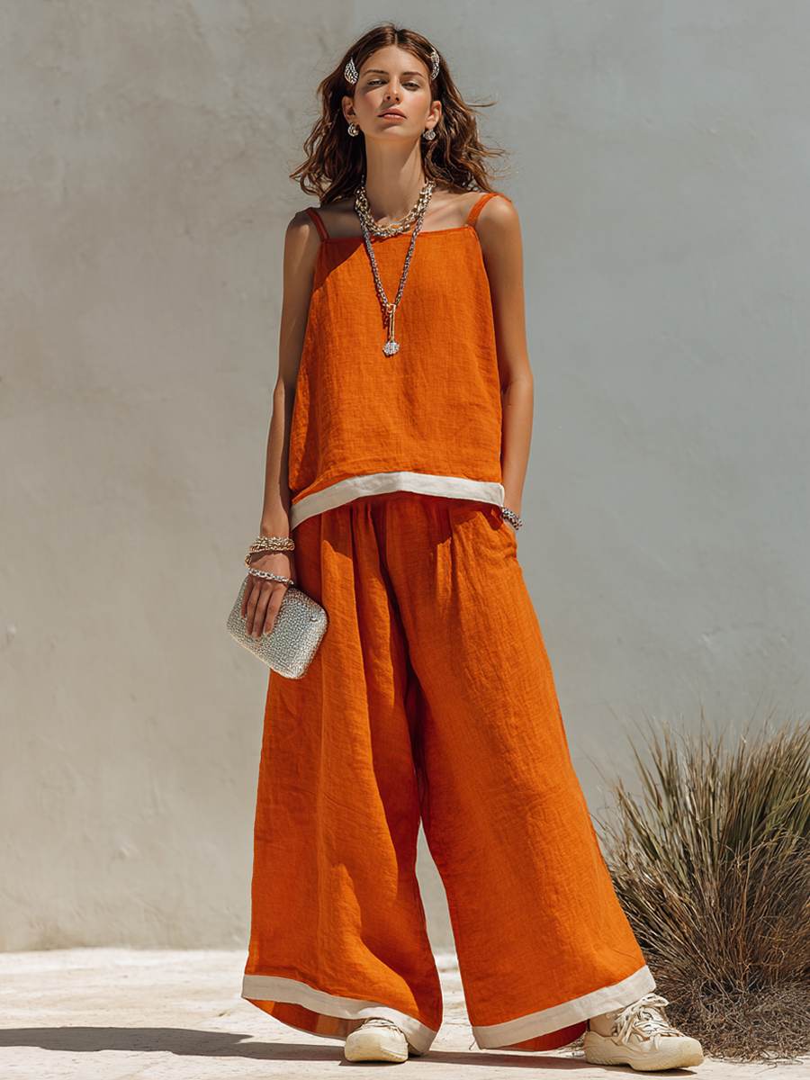 Women's Simple Cotton-Linen Blend Cami Top And Wide-Leg Pants Set MDZ2060E5ZRK