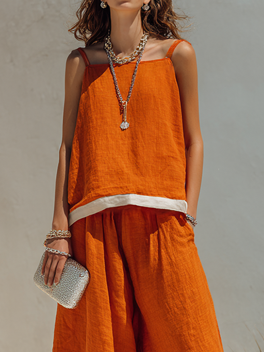 Women's Simple Cotton-Linen Blend Cami Top And Wide-Leg Pants Set MDZ2060E5ZRK