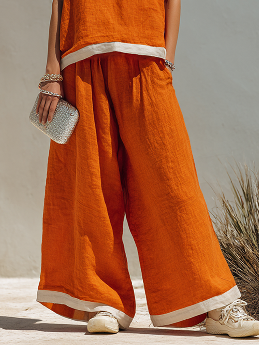 Women's Simple Cotton-Linen Blend Cami Top And Wide-Leg Pants Set MDZ2060E5ZRK