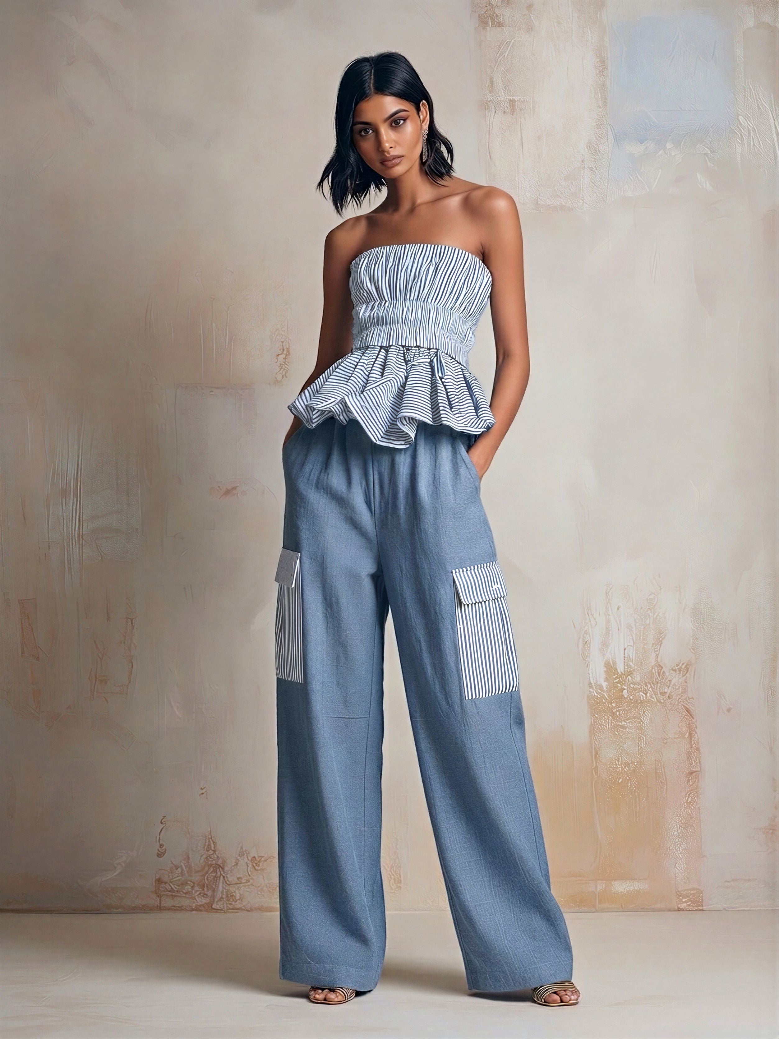 Women’s Blue & White Striped Strapless Peplum Top & Wide-Leg Cargo Pants Two-Piece Set MDZ2036E8T