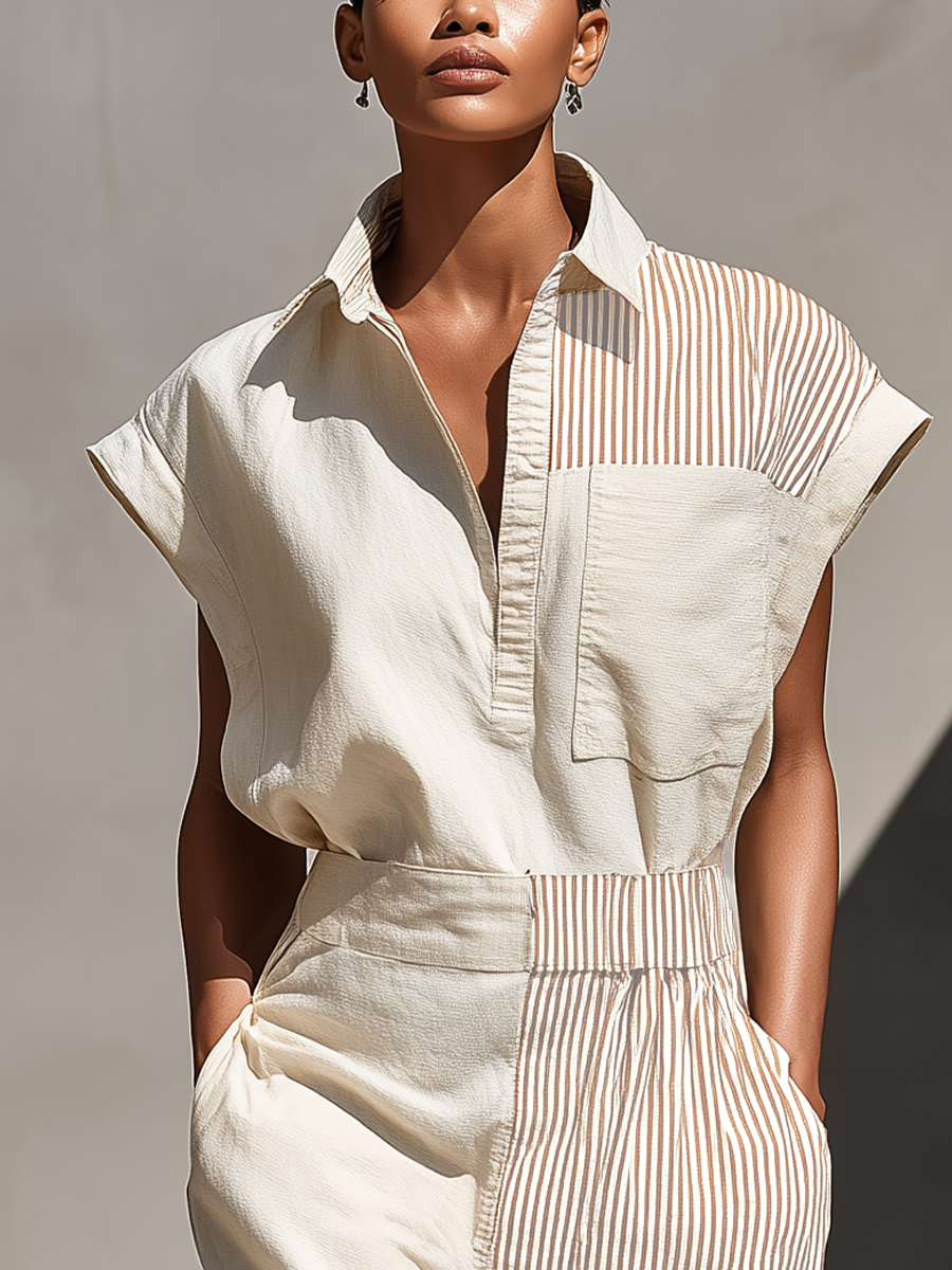 Women’s Beige & Brown Stripe Color-Block Linen-Blend Shirt Dress With Split Hem & Pockets MDZ2088E4T