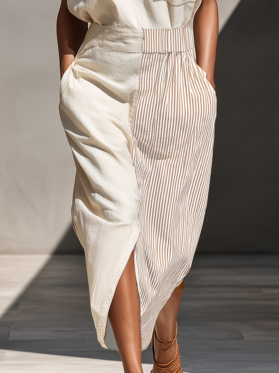 Women’s Beige & Brown Stripe Color-Block Linen-Blend Shirt Dress With Split Hem & Pockets MDZ2088E4T
