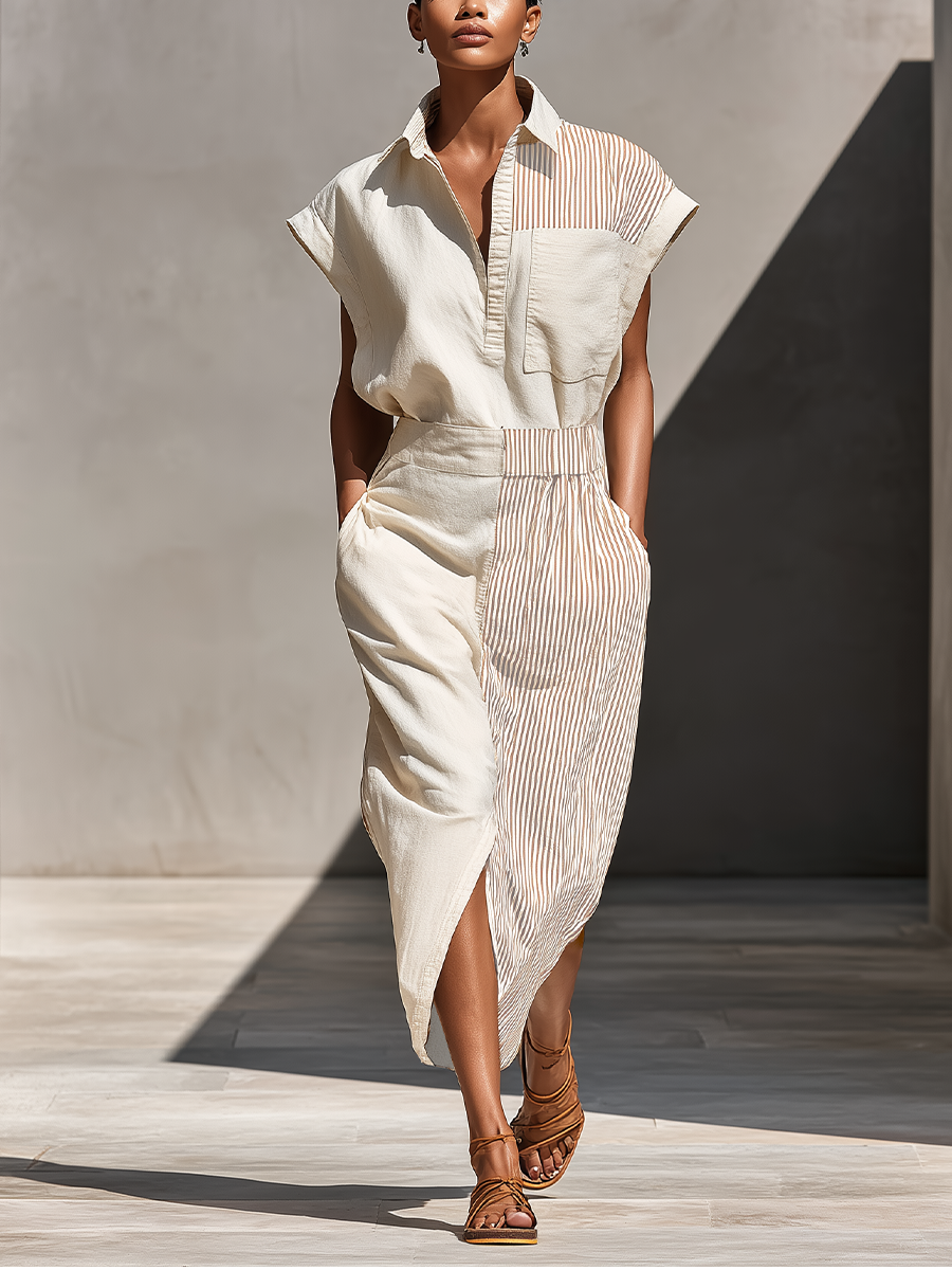 Women’s Beige & Brown Stripe Color-Block Linen-Blend Shirt Dress With Split Hem & Pockets MDZ2088E4T