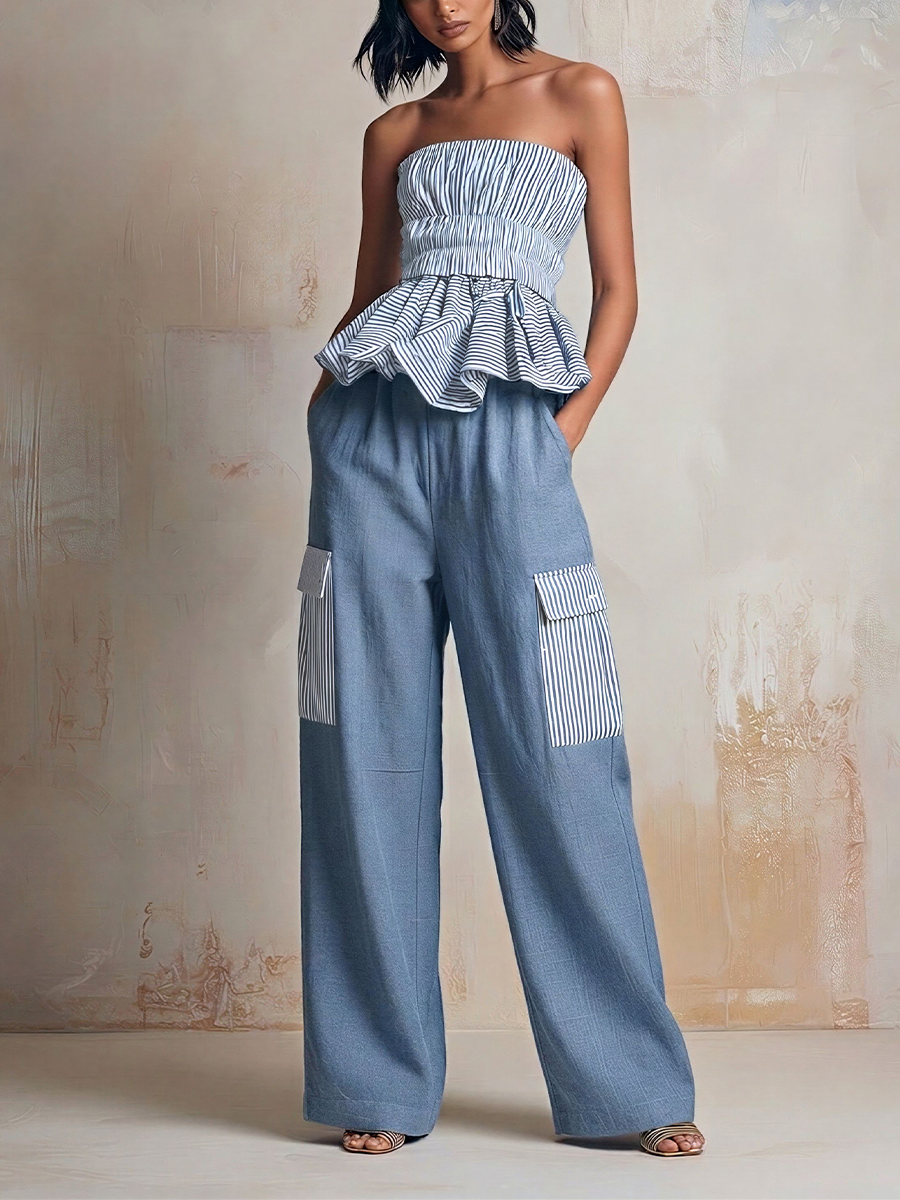 Women’s Blue & White Striped Strapless Peplum Top & Wide-Leg Cargo Pants Two-Piece Set MDZ2036E8T