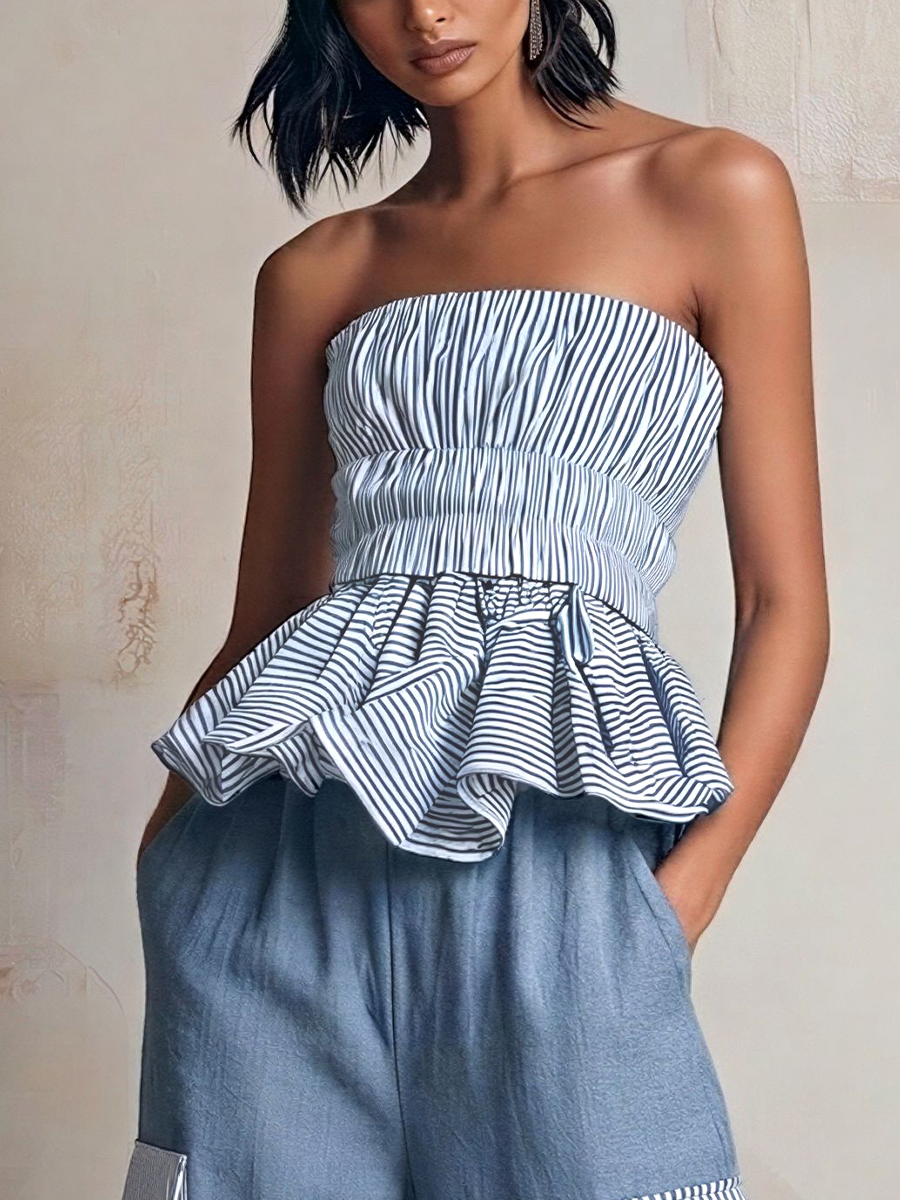 Women’s Blue & White Striped Strapless Peplum Top & Wide-Leg Cargo Pants Two-Piece Set MDZ2036E8T