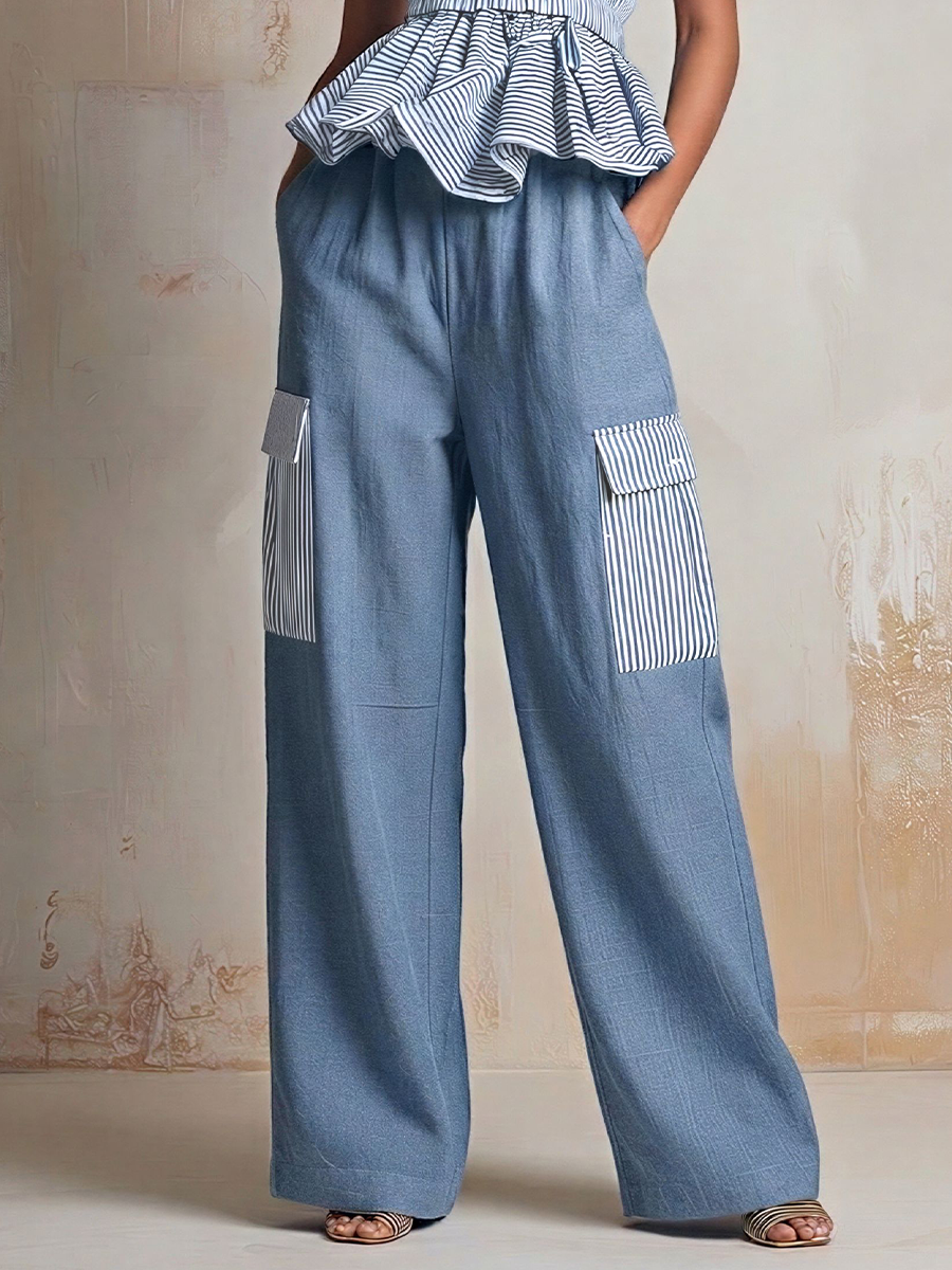 Women’s Blue & White Striped Strapless Peplum Top & Wide-Leg Cargo Pants Two-Piece Set MDZ2036E8T