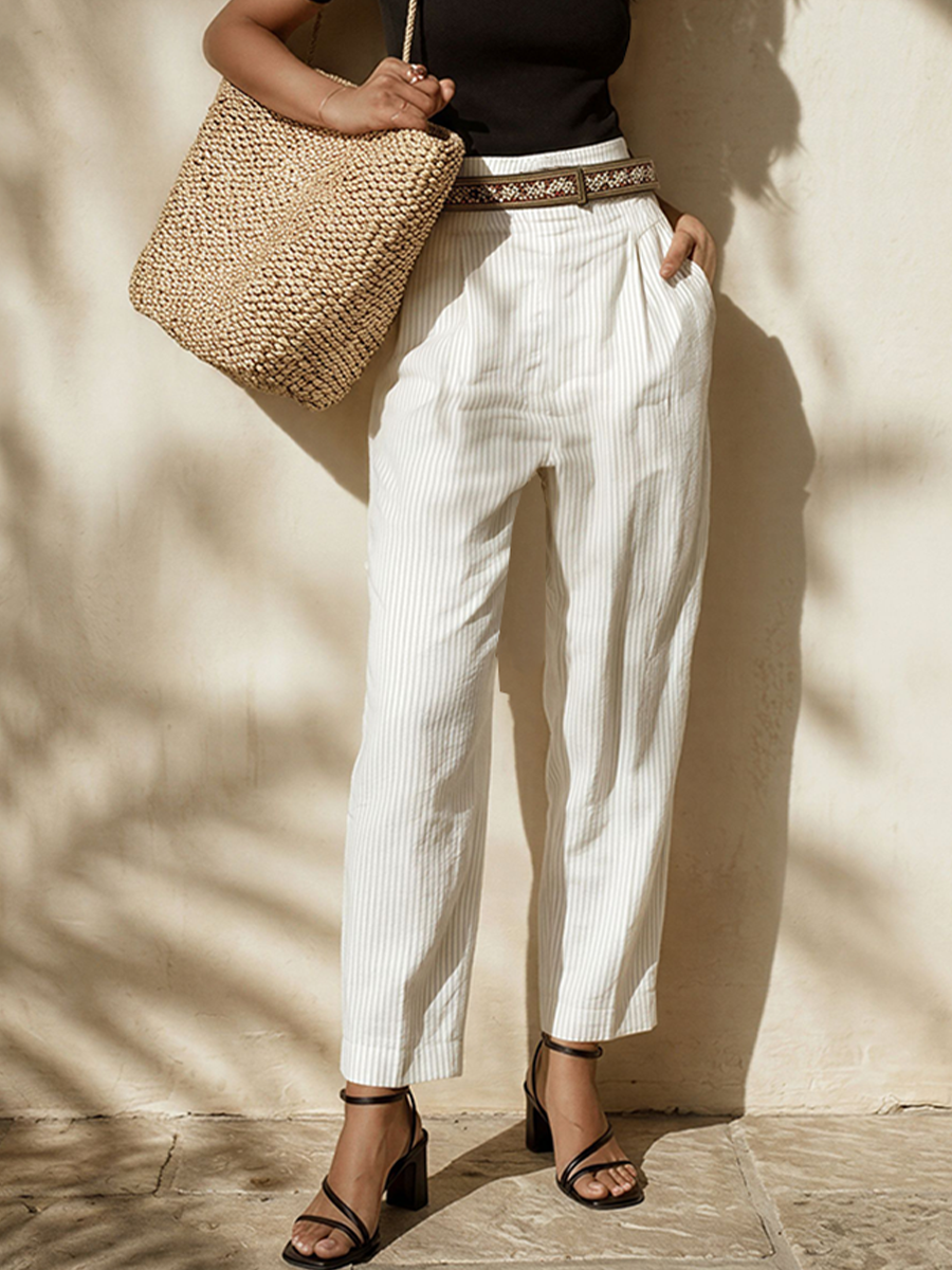 Women's Black & White Striped Two-Piece Set With Fitted Tee & High-Waisted Pants, Timeless Minimalist Casual Outfit (Without Blet) MDZ2068E7LYL