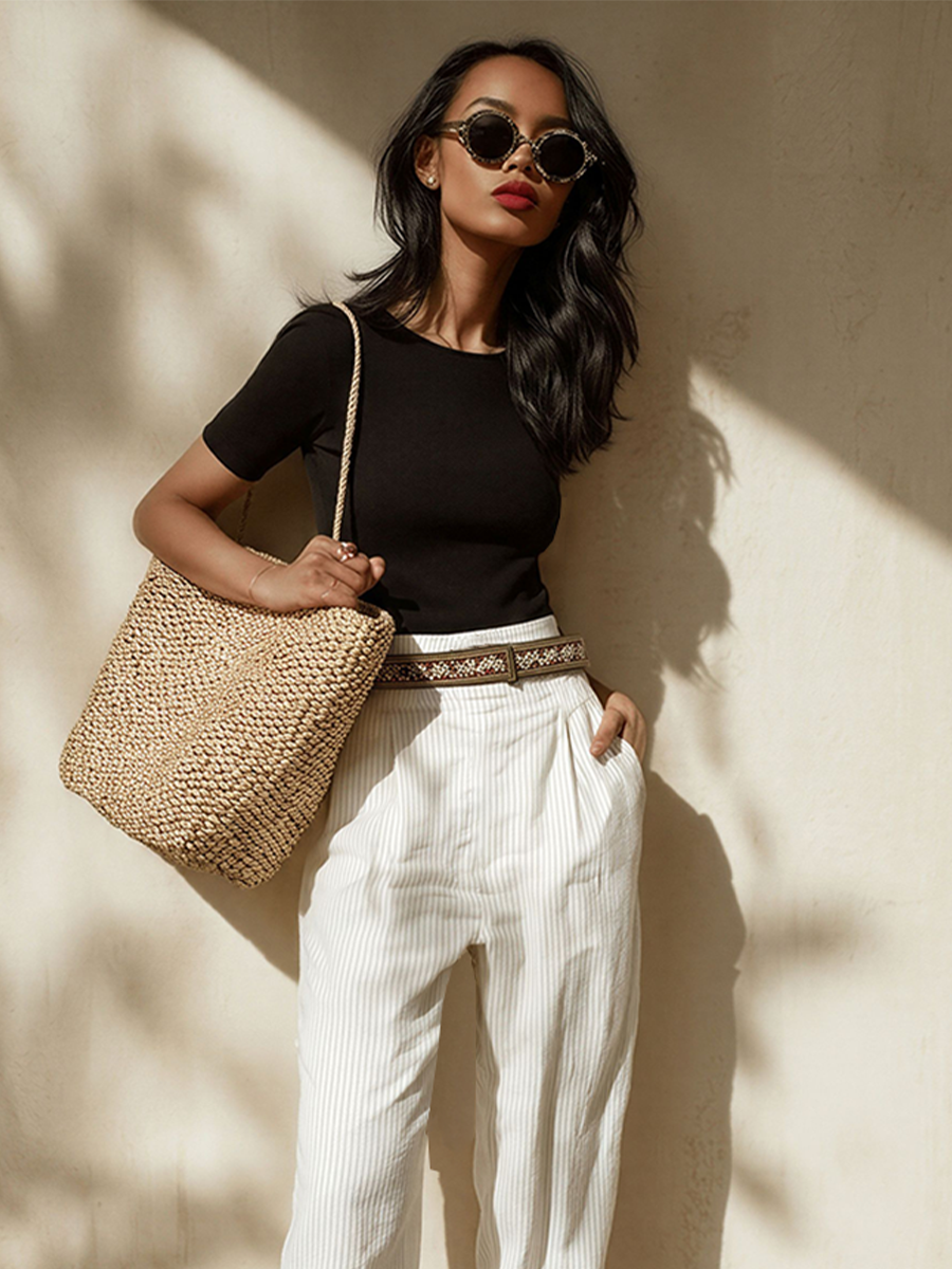 Women's Black & White Striped Two-Piece Set With Fitted Tee & High-Waisted Pants, Timeless Minimalist Casual Outfit (Without Blet) MDZ2068E7LYL