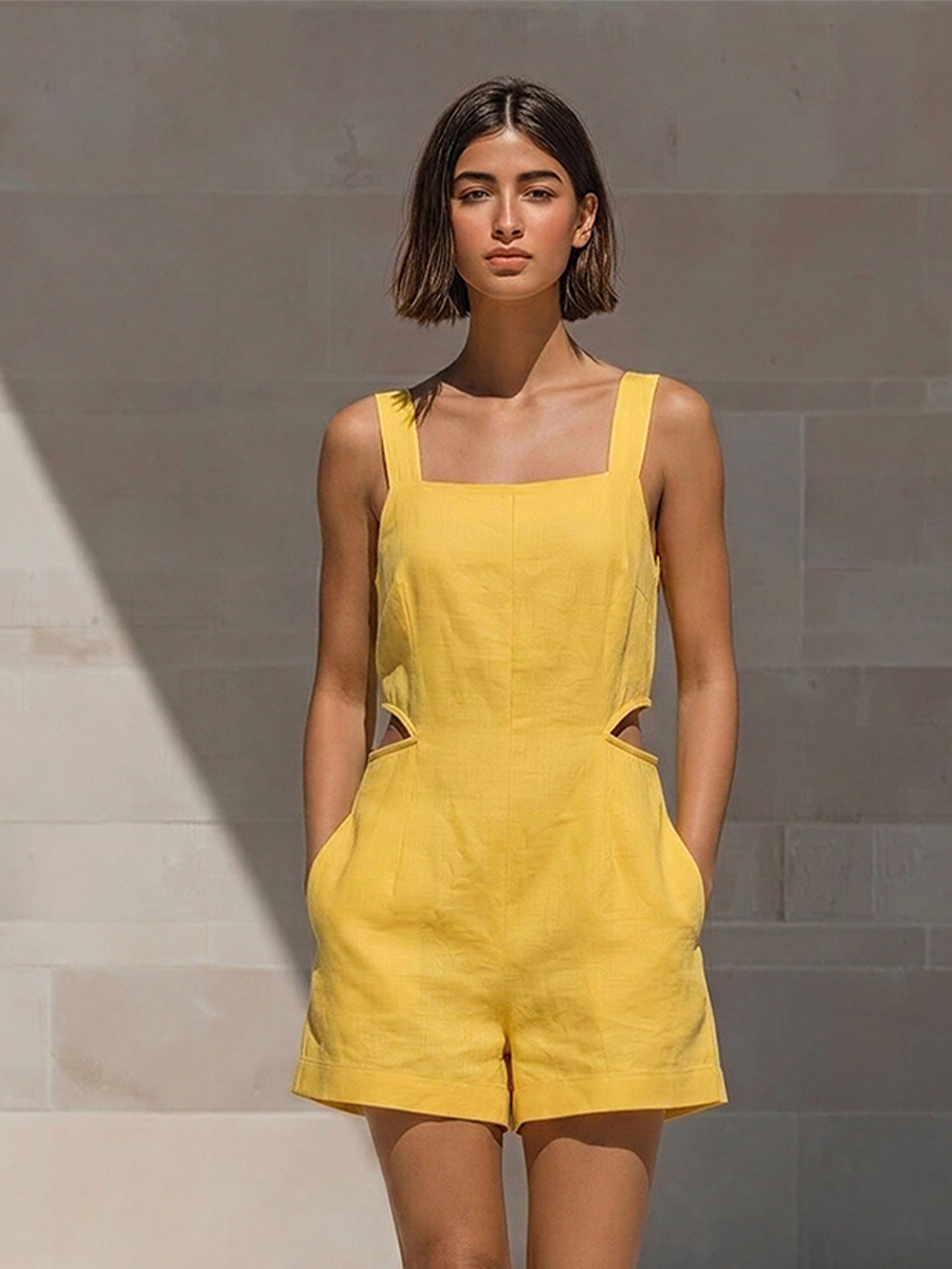 Women's Yellow Linen-Blend Romper With Square Neck & Waist Cutouts, Timeless Casual Summer Romper MDZ2082E2LYL