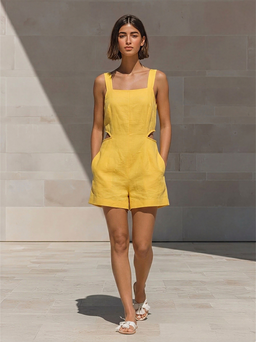 Women's Yellow Linen-Blend Romper With Square Neck & Waist Cutouts, Timeless Casual Summer Romper MDZ2082E2LYL
