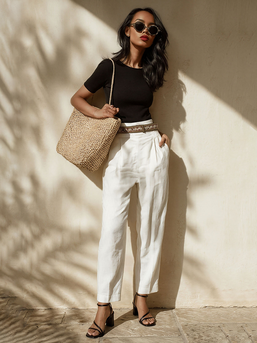 Women's Black & White Striped Two-Piece Set With Fitted Tee & High-Waisted Pants, Timeless Minimalist Casual Outfit (Without Blet) MDZ2068E7LYL