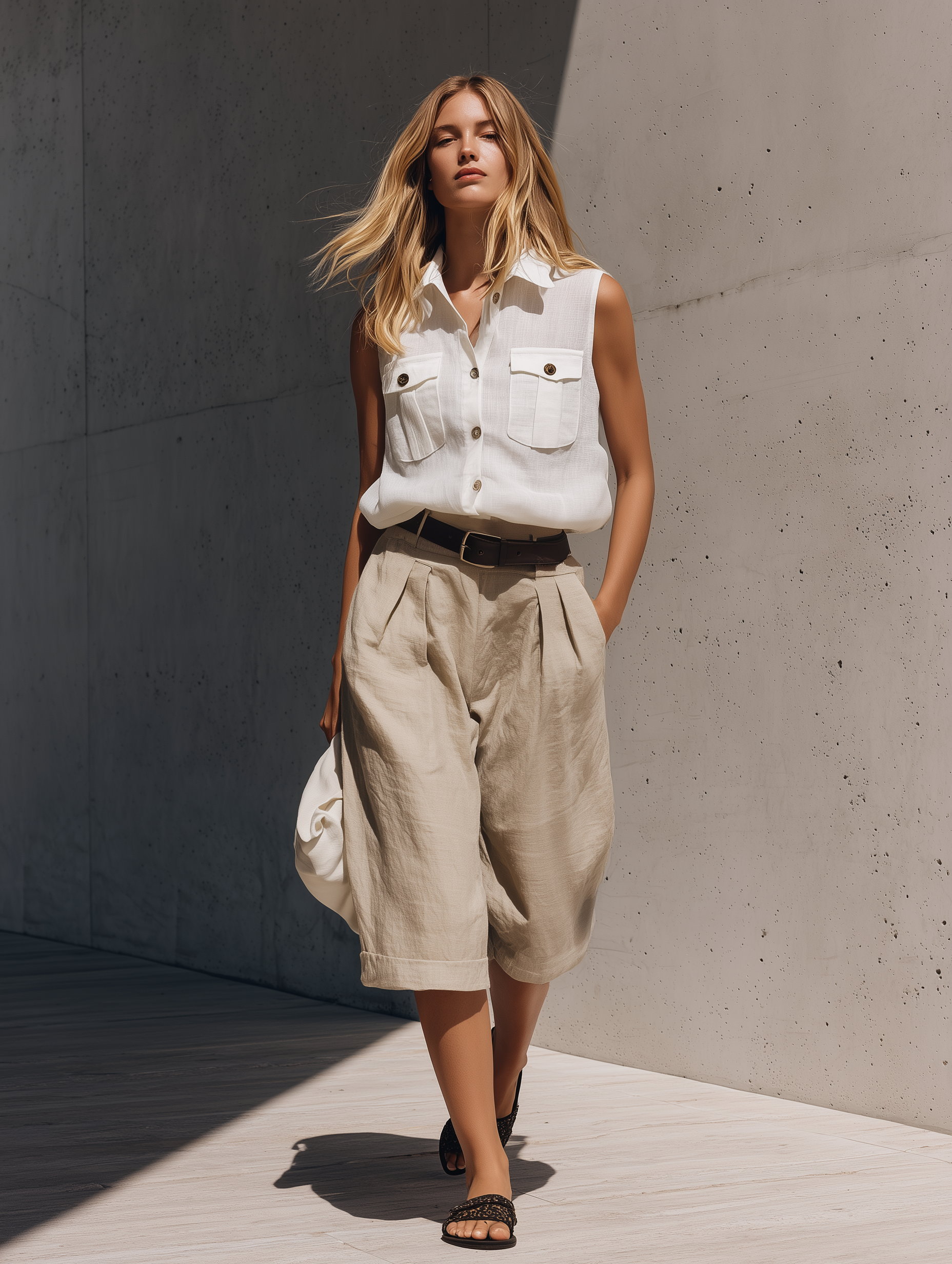 Women's Casual White Cotton-Linen Sleeveless Shirt Paired With Khaki Cotton-Linen Mid-Length Shorts (Belt Not Included) MDZ2059E6LXY