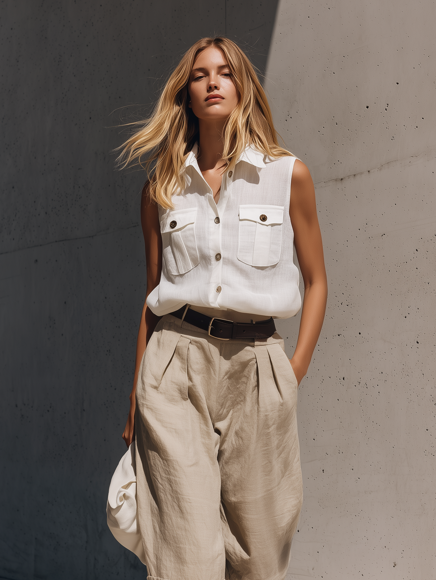 Women's Casual White Cotton-Linen Sleeveless Shirt Paired With Khaki Cotton-Linen Mid-Length Shorts (Belt Not Included) MDZ2059E6LXY