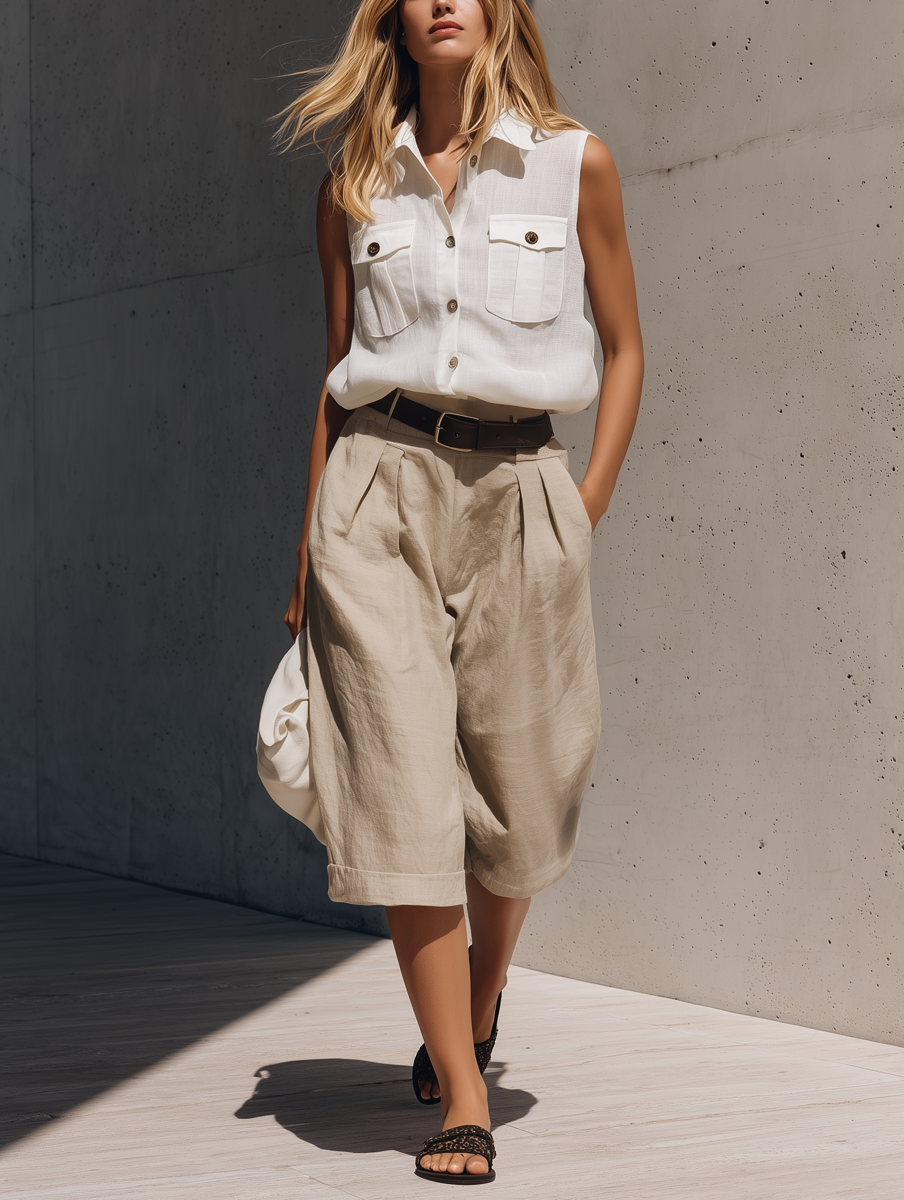 Women's Casual White Cotton-Linen Sleeveless Shirt Paired With Khaki Cotton-Linen Mid-Length Shorts (Belt Not Included) MDZ2059E6LXY