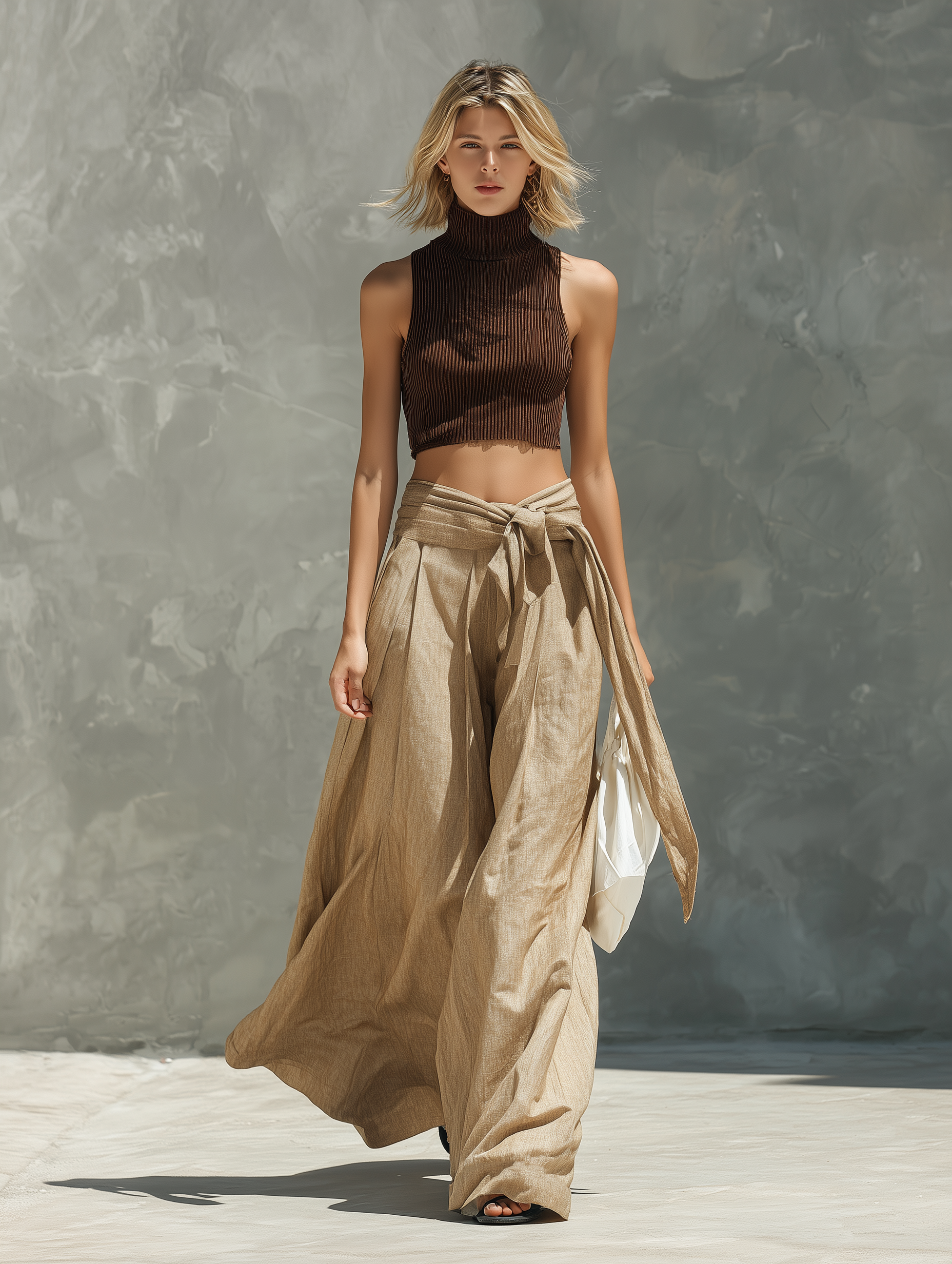 Women's Casual Brown Knitted Sleeveless Mock-Neck Top Paired With Khaki Cotton-Linen Trousers MDZ2052E8LXY