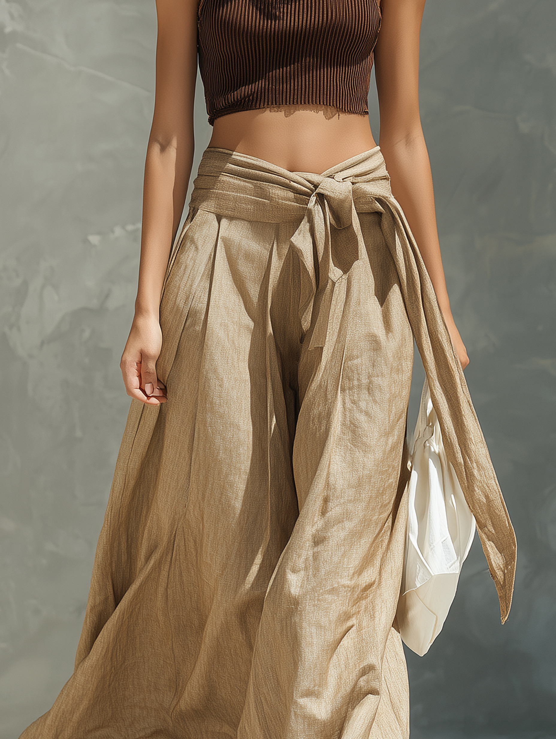 Women's Casual Brown Knitted Sleeveless Mock-Neck Top Paired With Khaki Cotton-Linen Trousers MDZ2052E8LXY