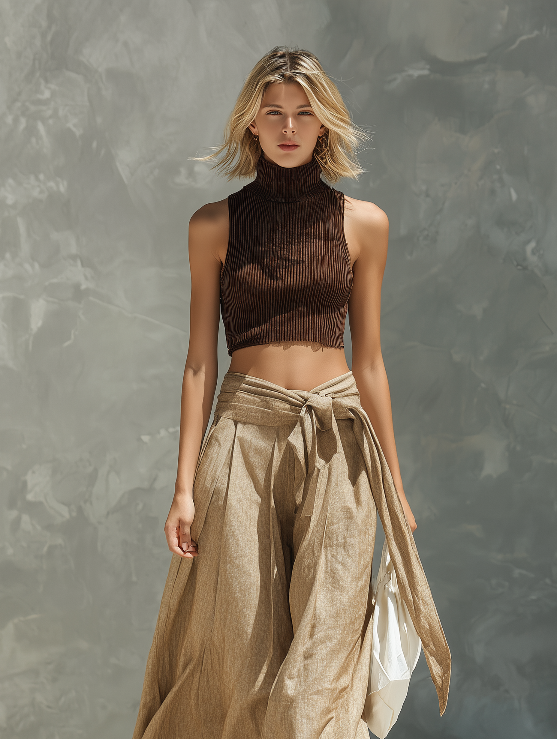 Women's Casual Brown Knitted Sleeveless Mock-Neck Top Paired With Khaki Cotton-Linen Trousers MDZ2052E8LXY
